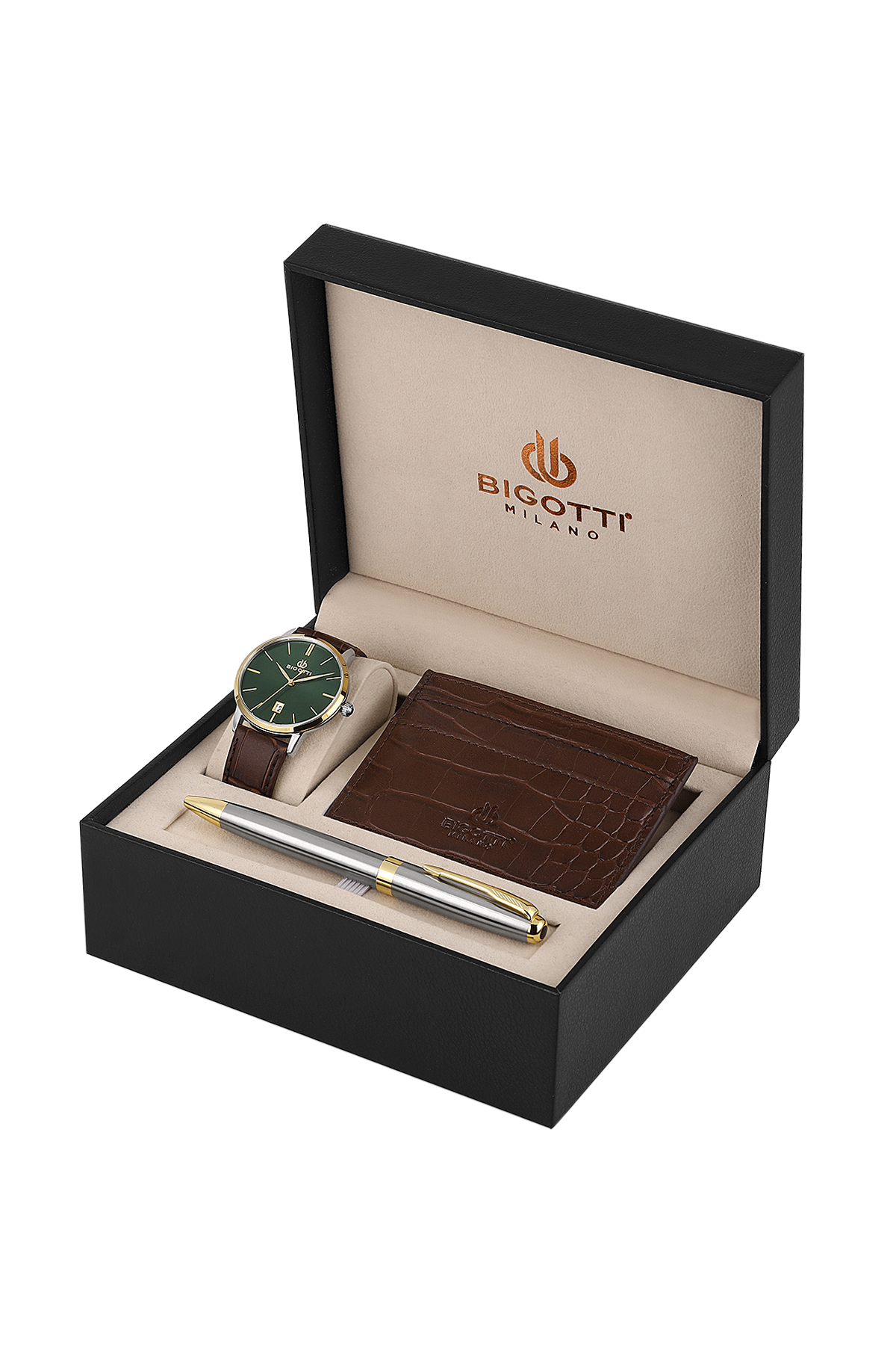 Luxury gift set with watch, wallet, and pen in a Bigotti Milano box on a white background