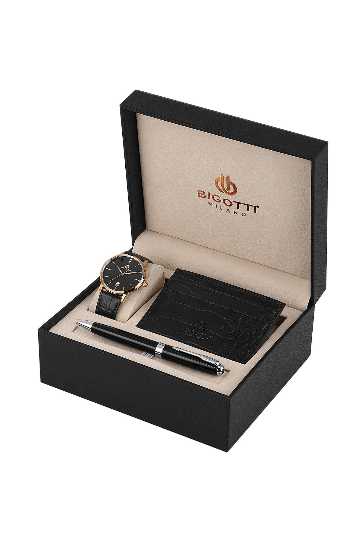 Luxury gift set with watch, pen, and wallet in a Bigottini box on a white background