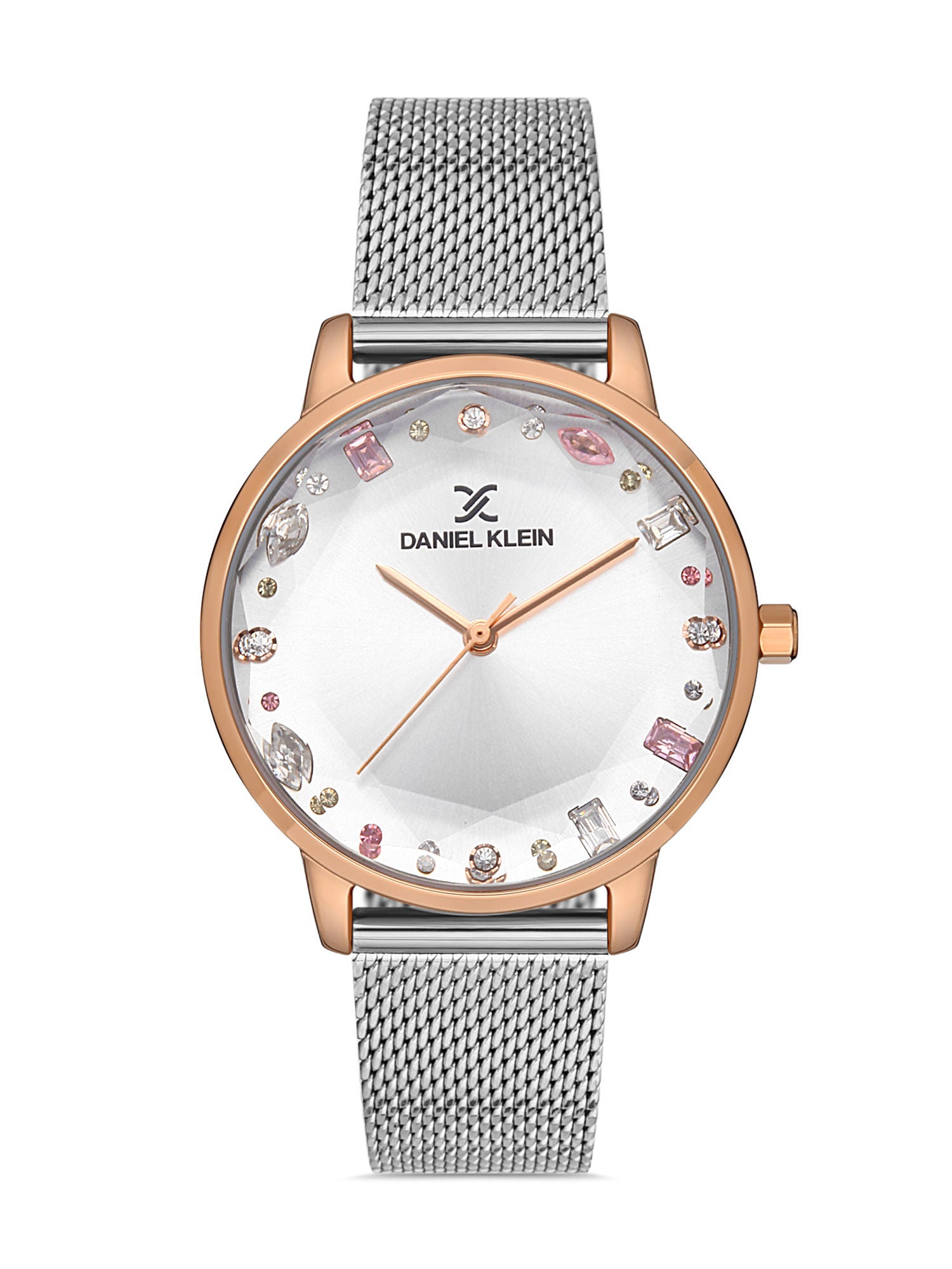 Daniel Klein watch with silver mesh band and rose gold case on a white background
