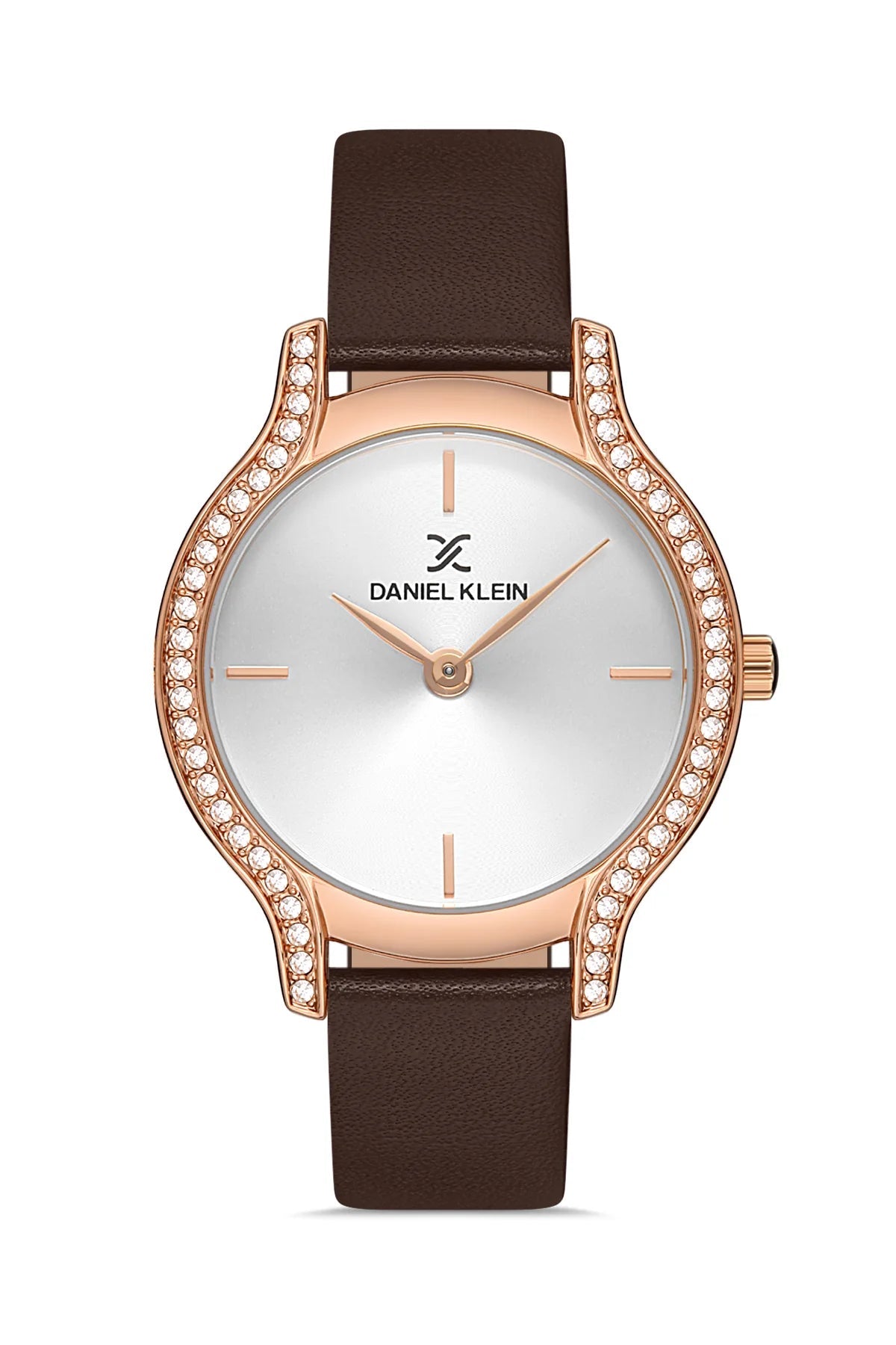 Daniel Klein watch with brown leather strap and rose gold case on white background