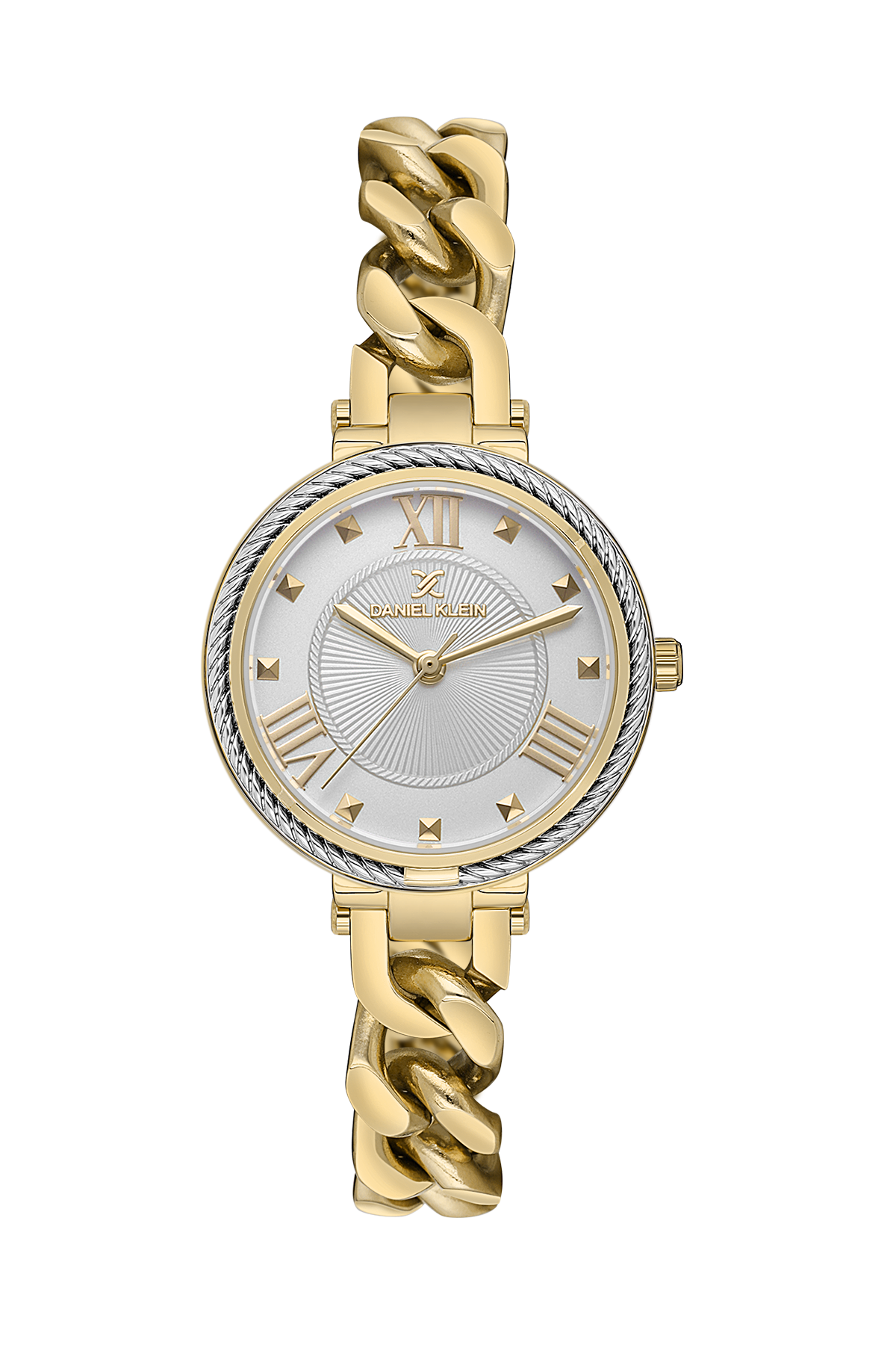 Gold watch with a white face on a white background