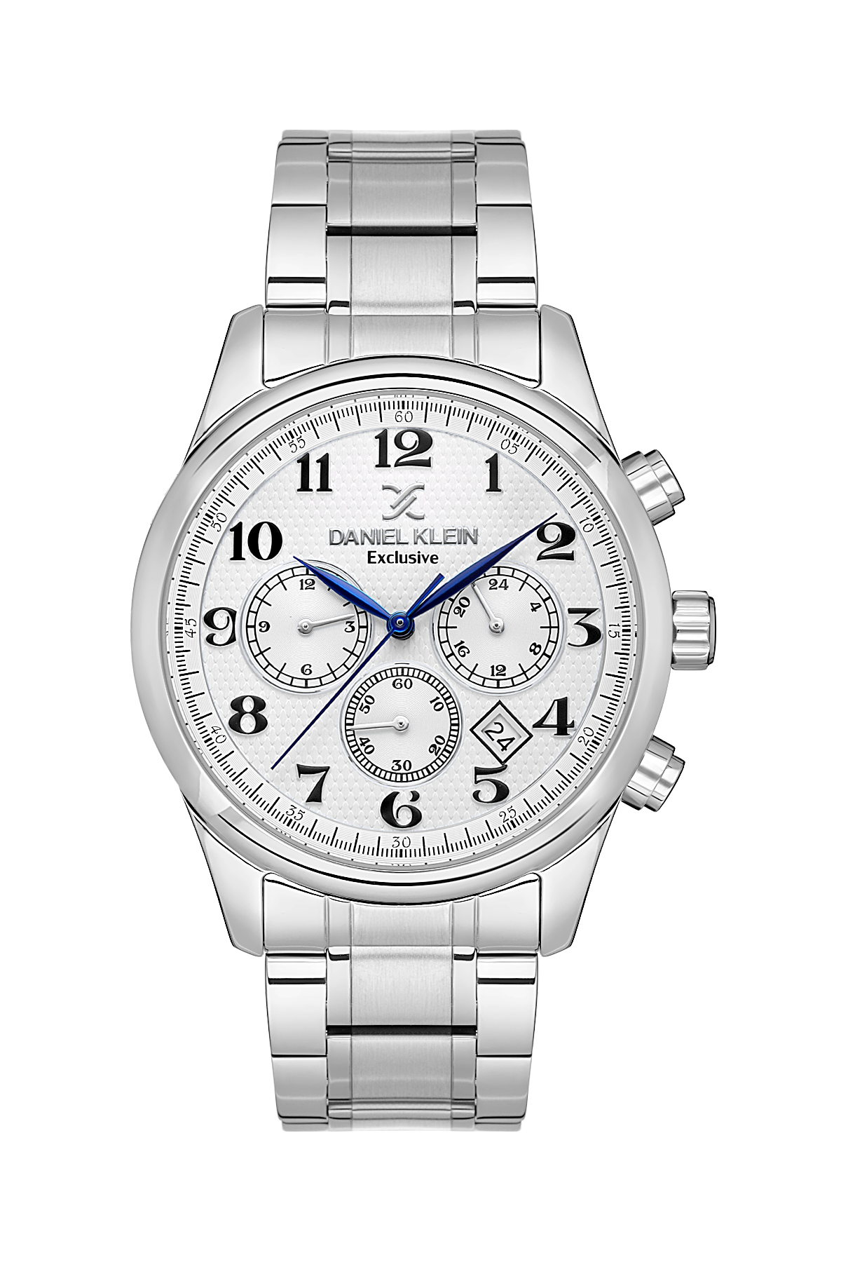 Silver watch with a white face on a white background