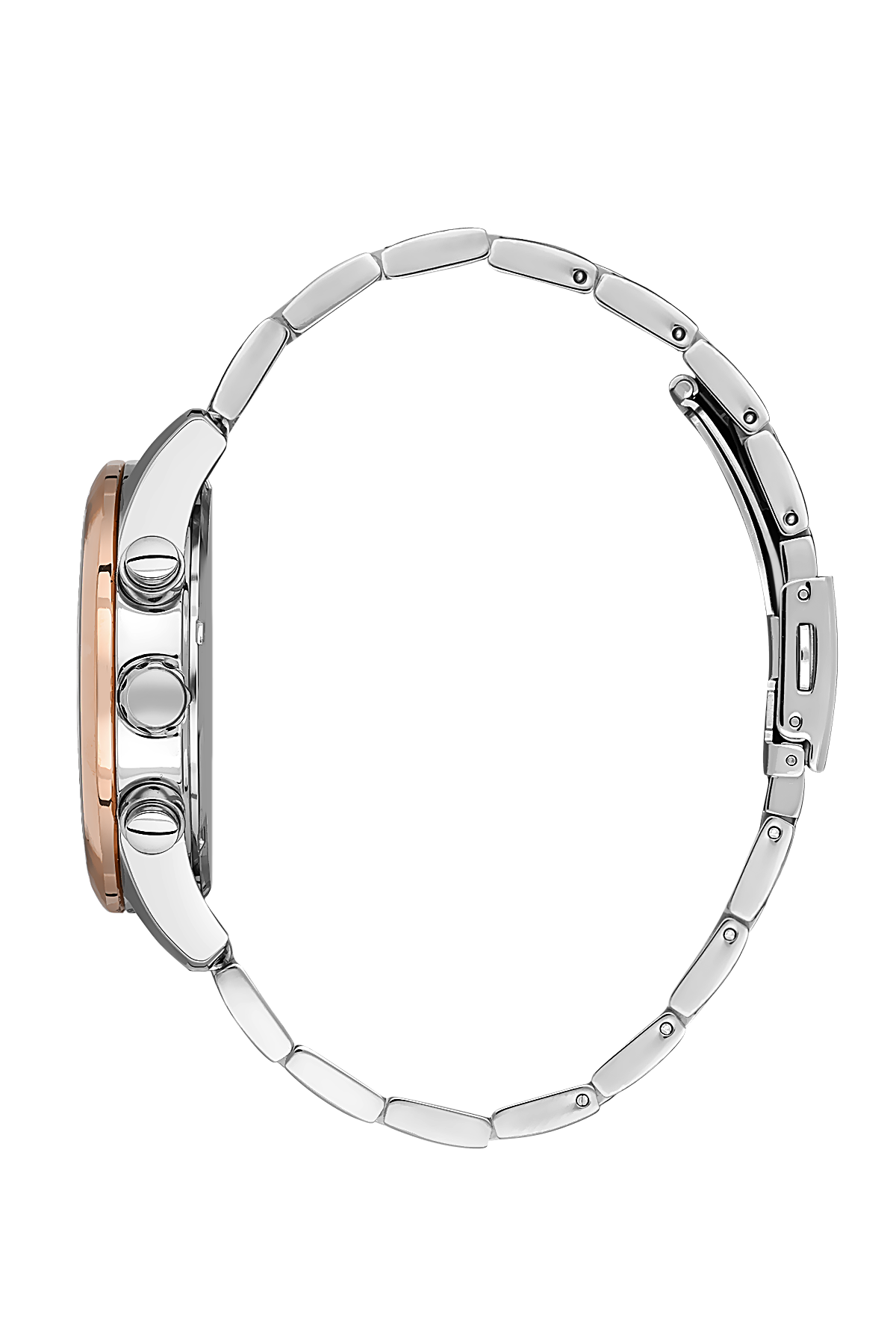 Close-up of a silver watch with rose gold accents on a white background