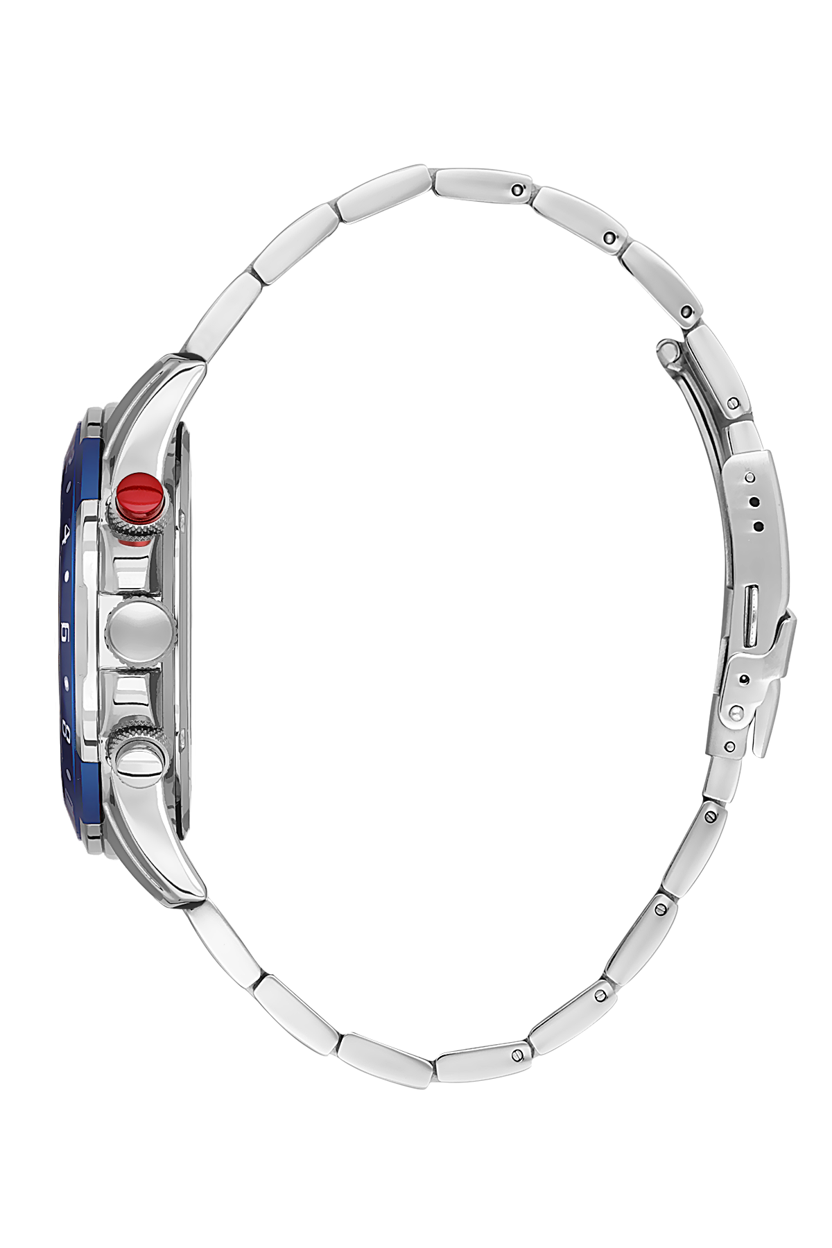 Close-up of a silver watch with blue accents on a white background