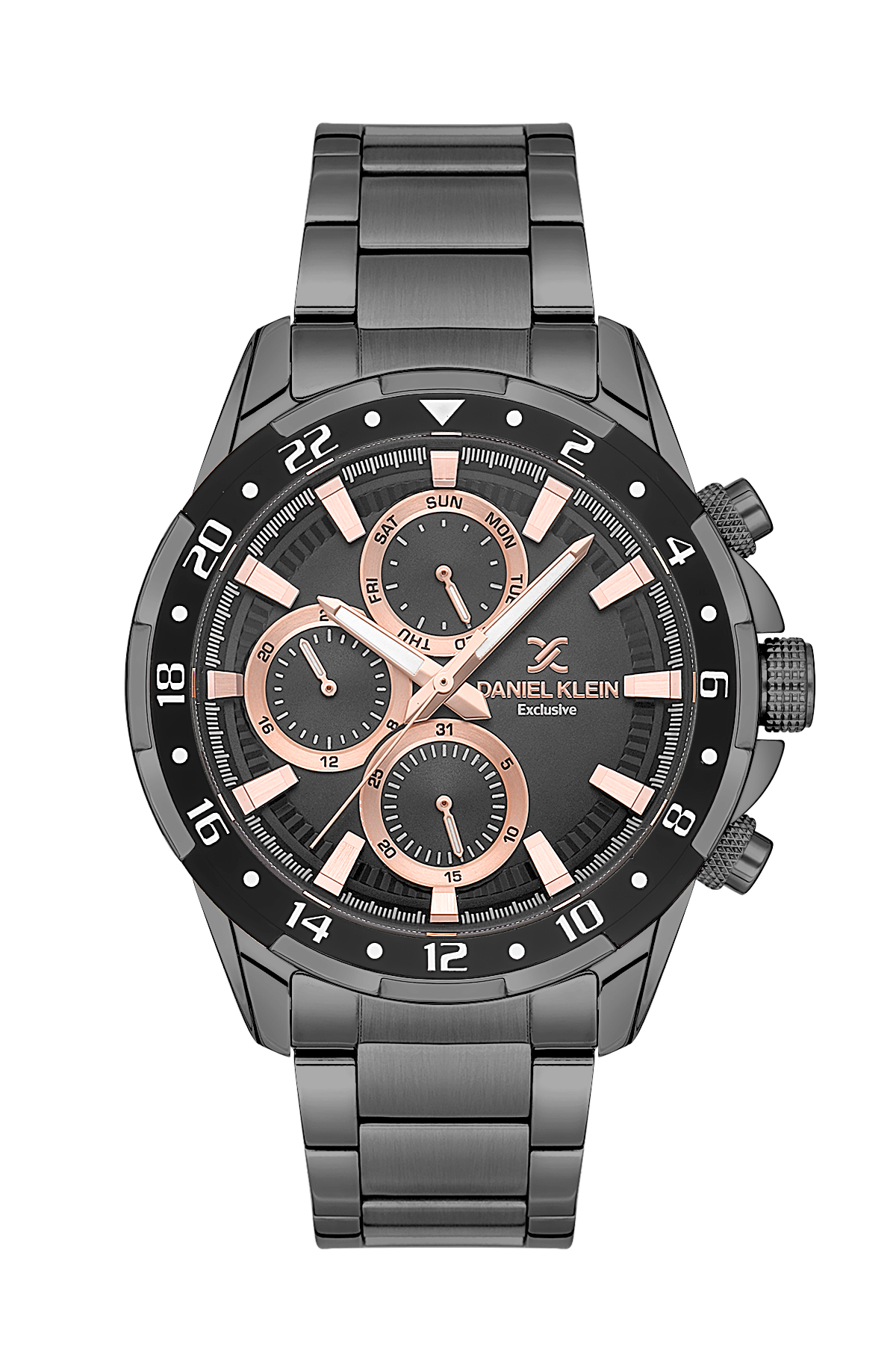 Black and rose gold watch with brand name on a white background