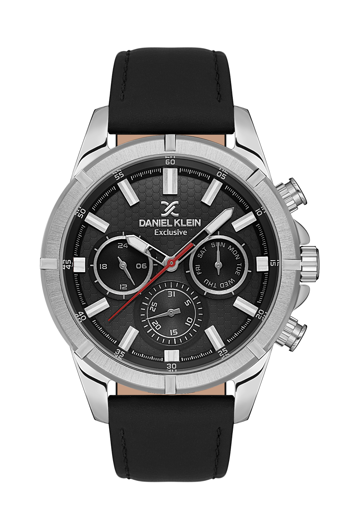 Daniel Klein watch with black strap and black dial on a white background