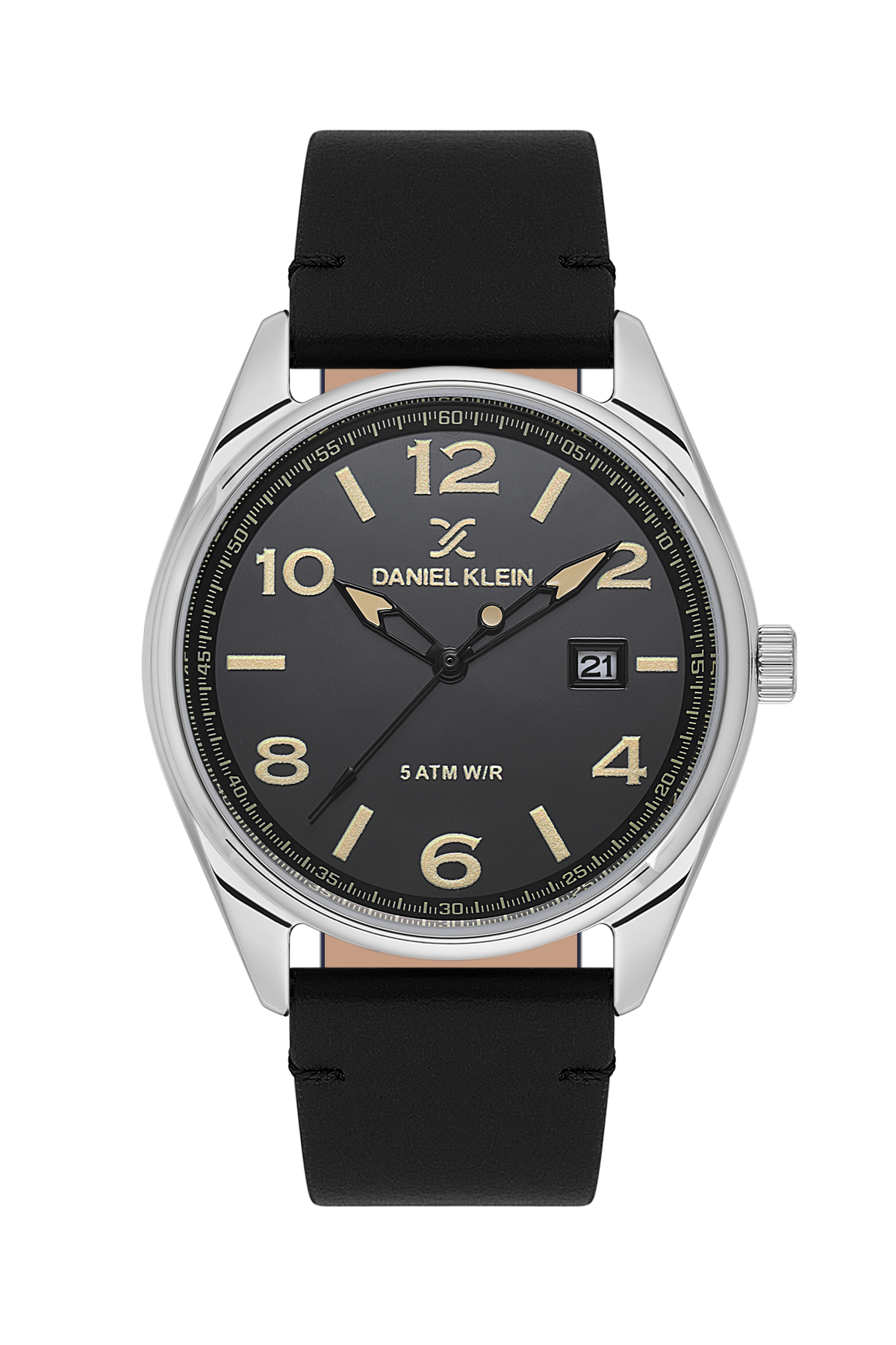Daniel Klein watch with black strap and black dial on a white background