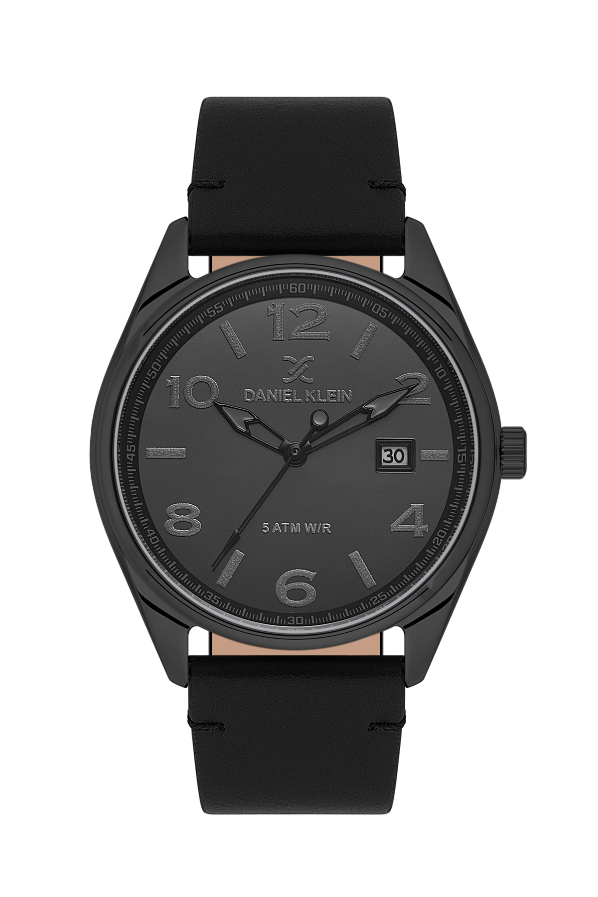 Black watch with a black strap on a white background