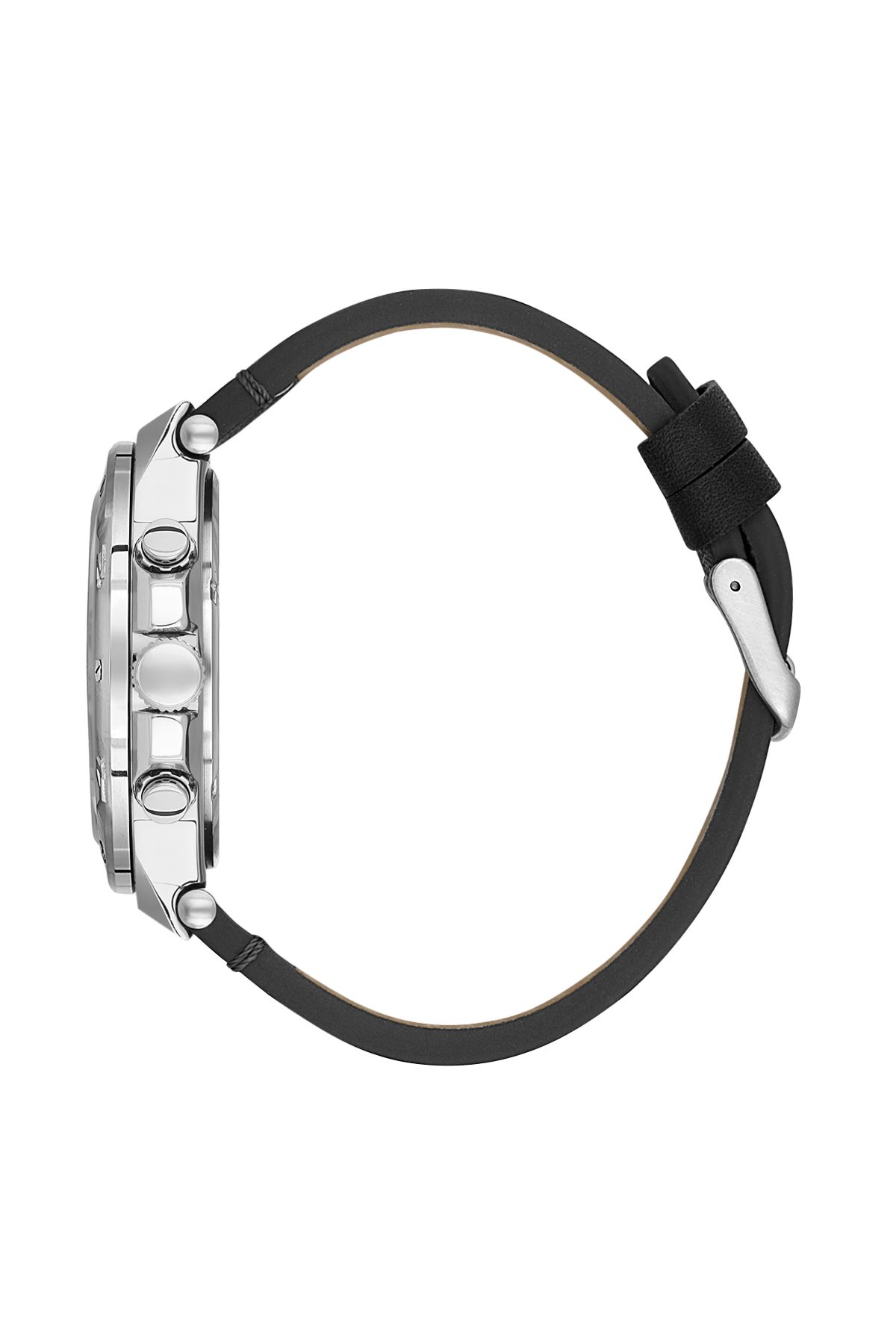 Wristwatch with black strap and silver case on a white background