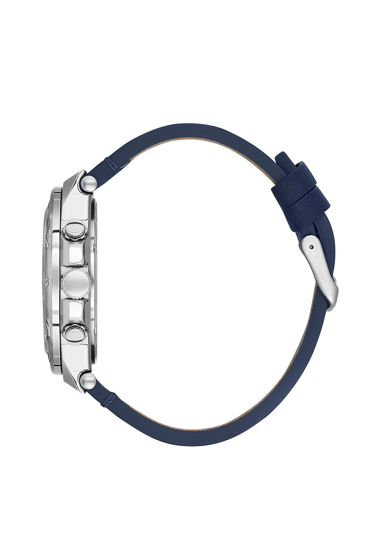 Wristwatch with blue strap and silver case on a white background