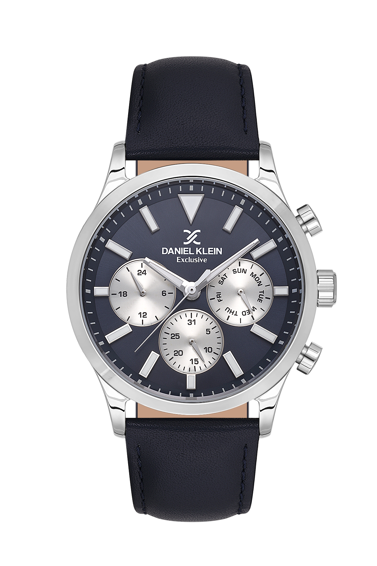 Daniel Klein watch with black leather strap and blue dial on white background