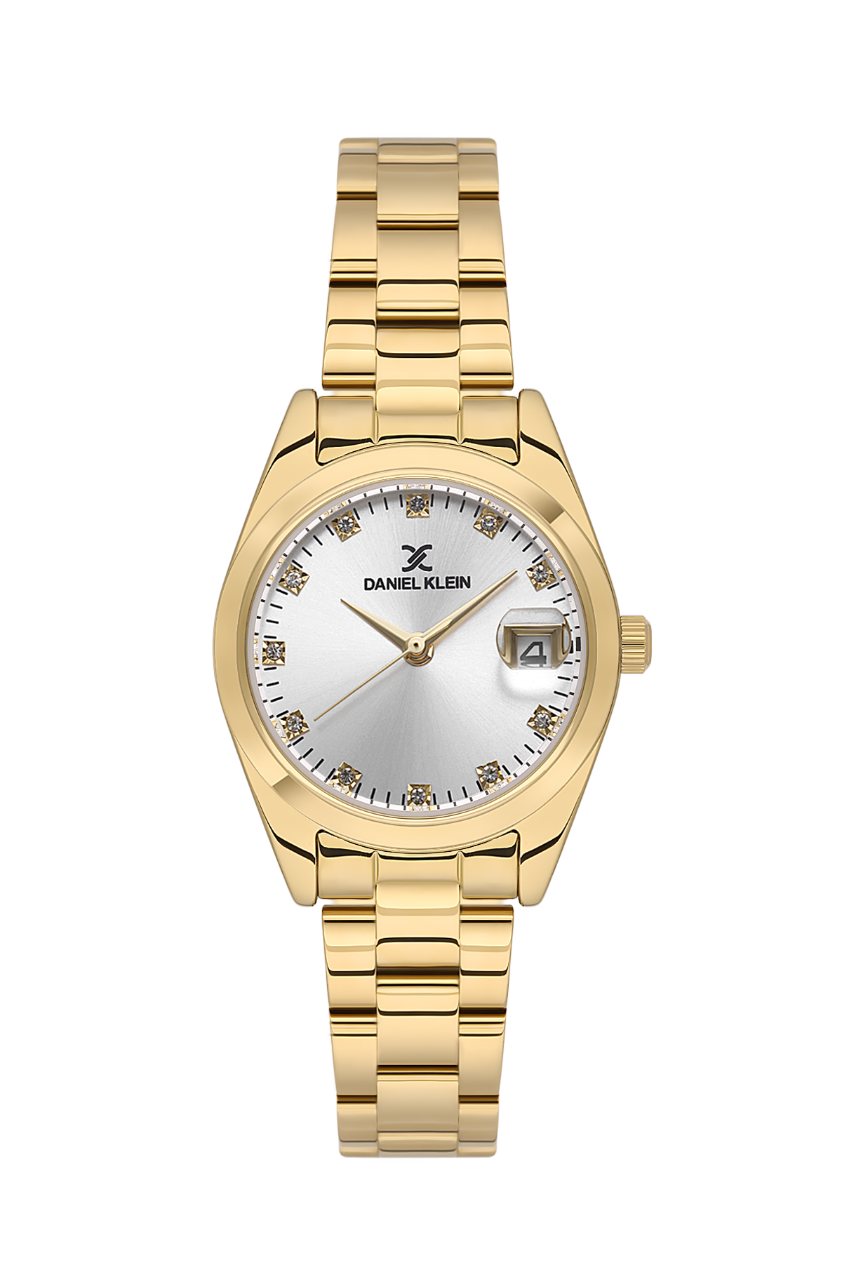 Gold wristwatch with a silver face on a white background