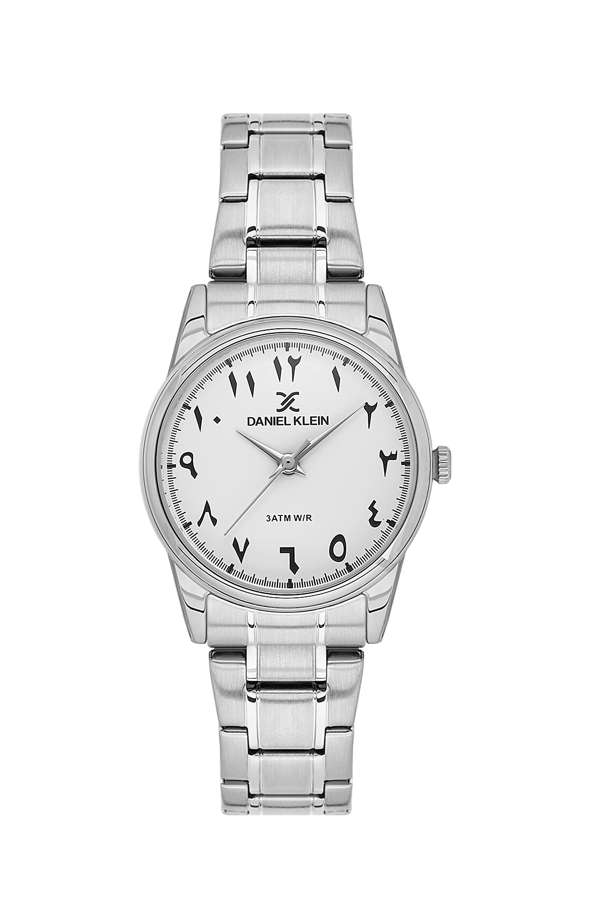 Silver watch with a white face on a white background