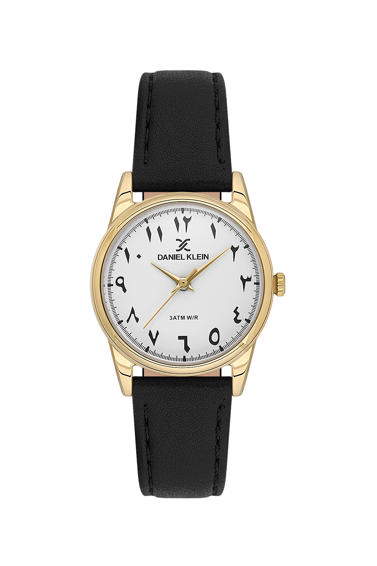 Daniel Klein watch with black strap and gold case on a white background