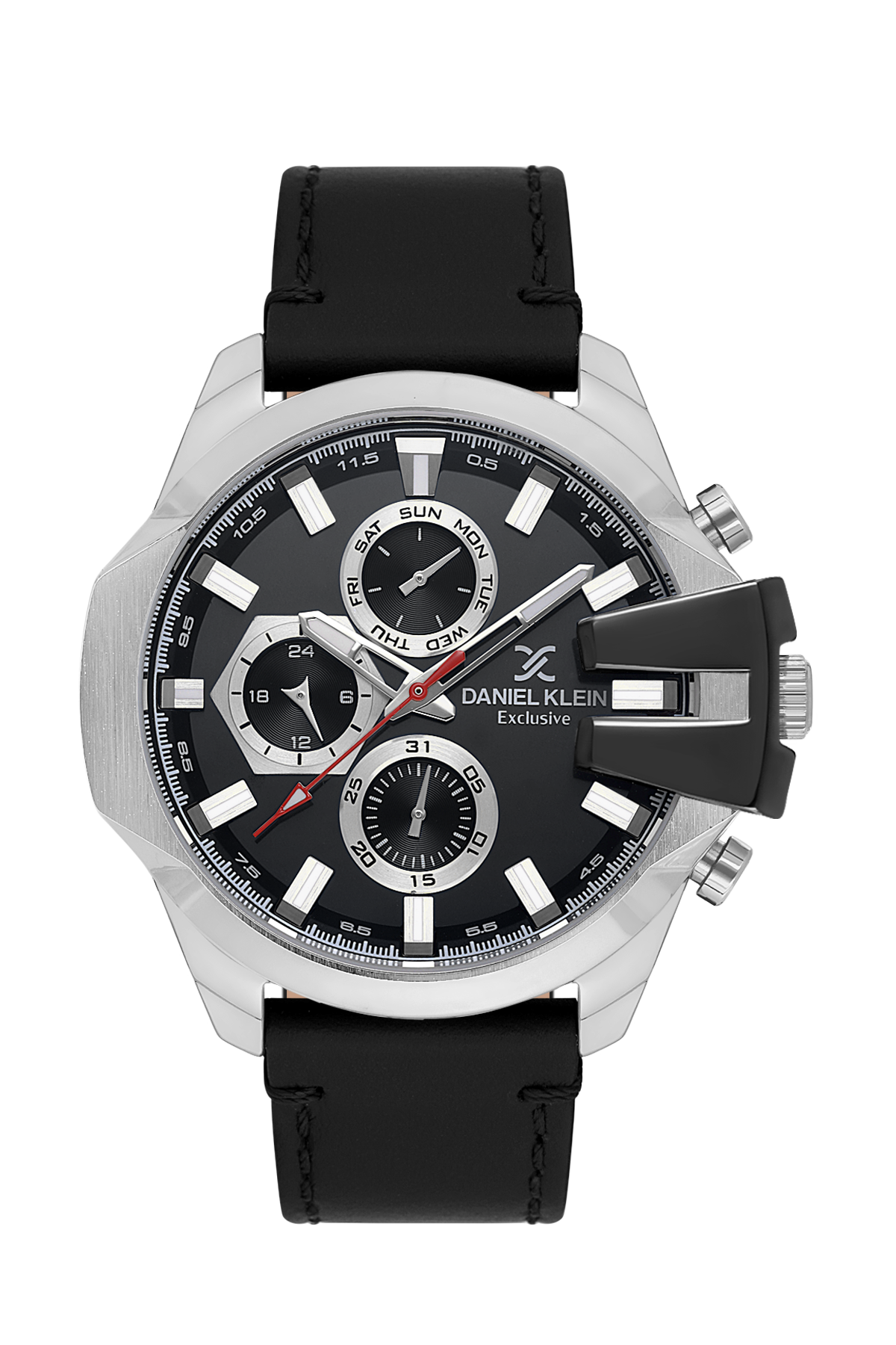 Black and silver watch with a black strap on a white background