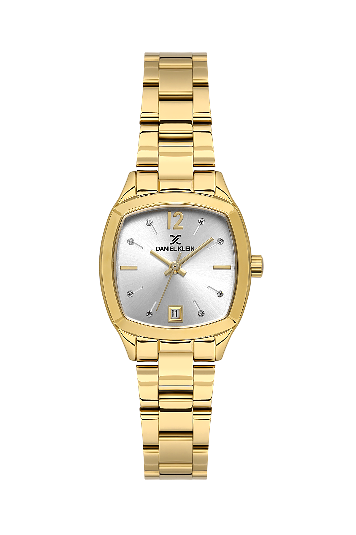 Gold wristwatch with silver face on a white background