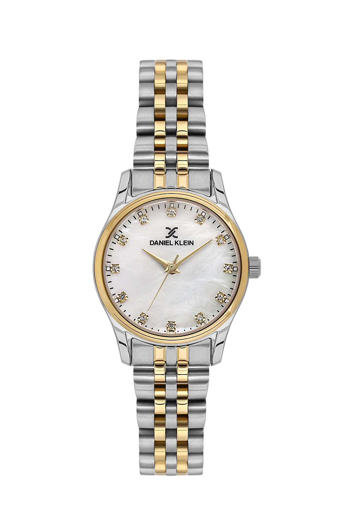 Two-tone watch with silver and gold band on a white background