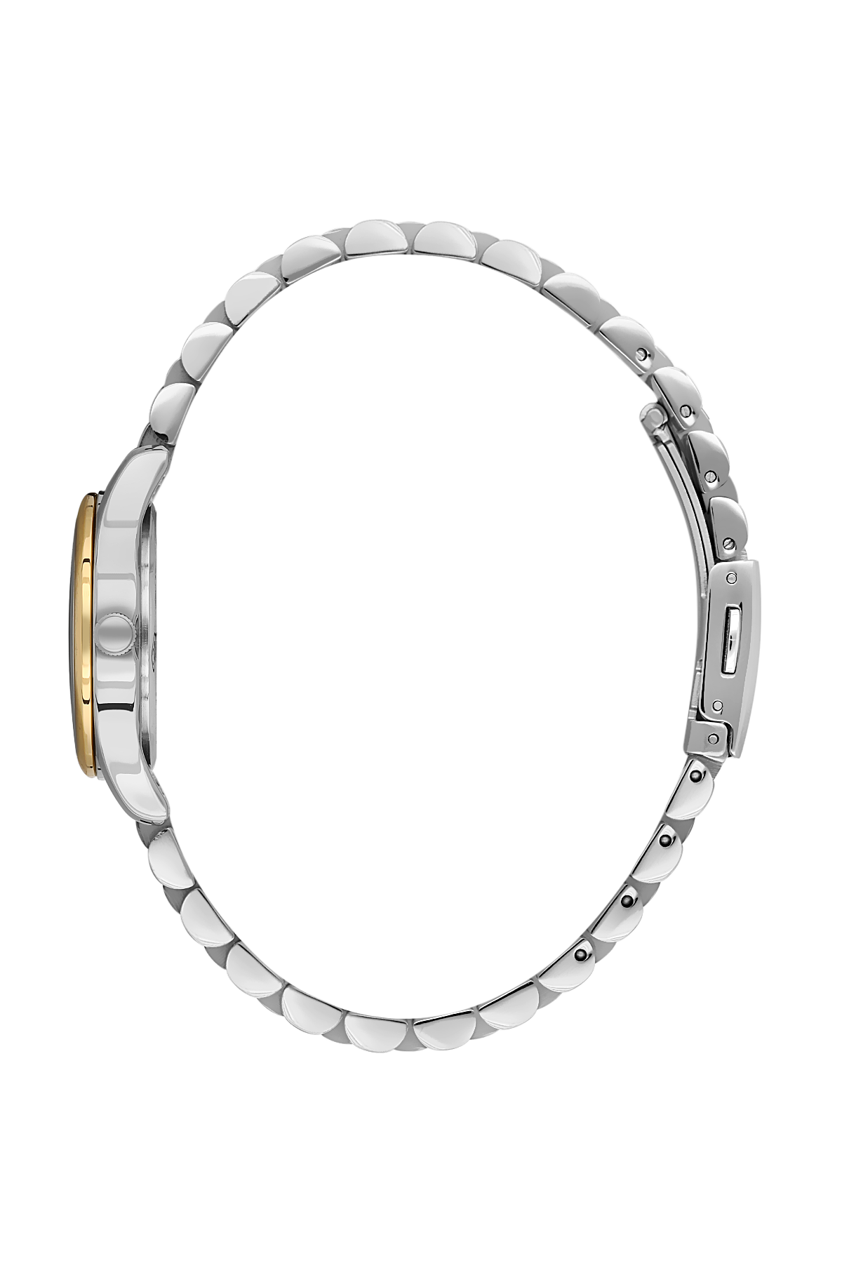 Close-up of a silver watch band with a gold accent on a white background