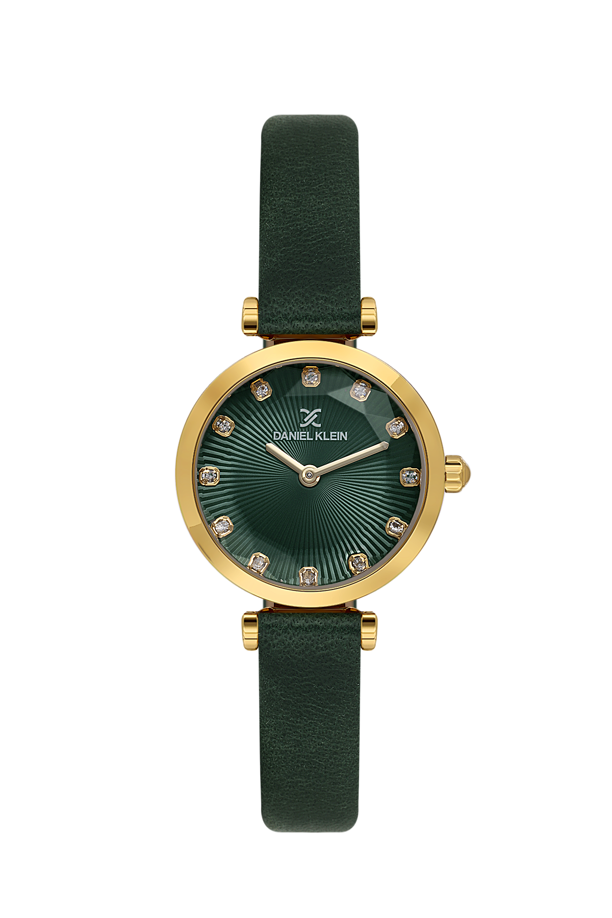 Green watch with gold case and green leather strap on a white background