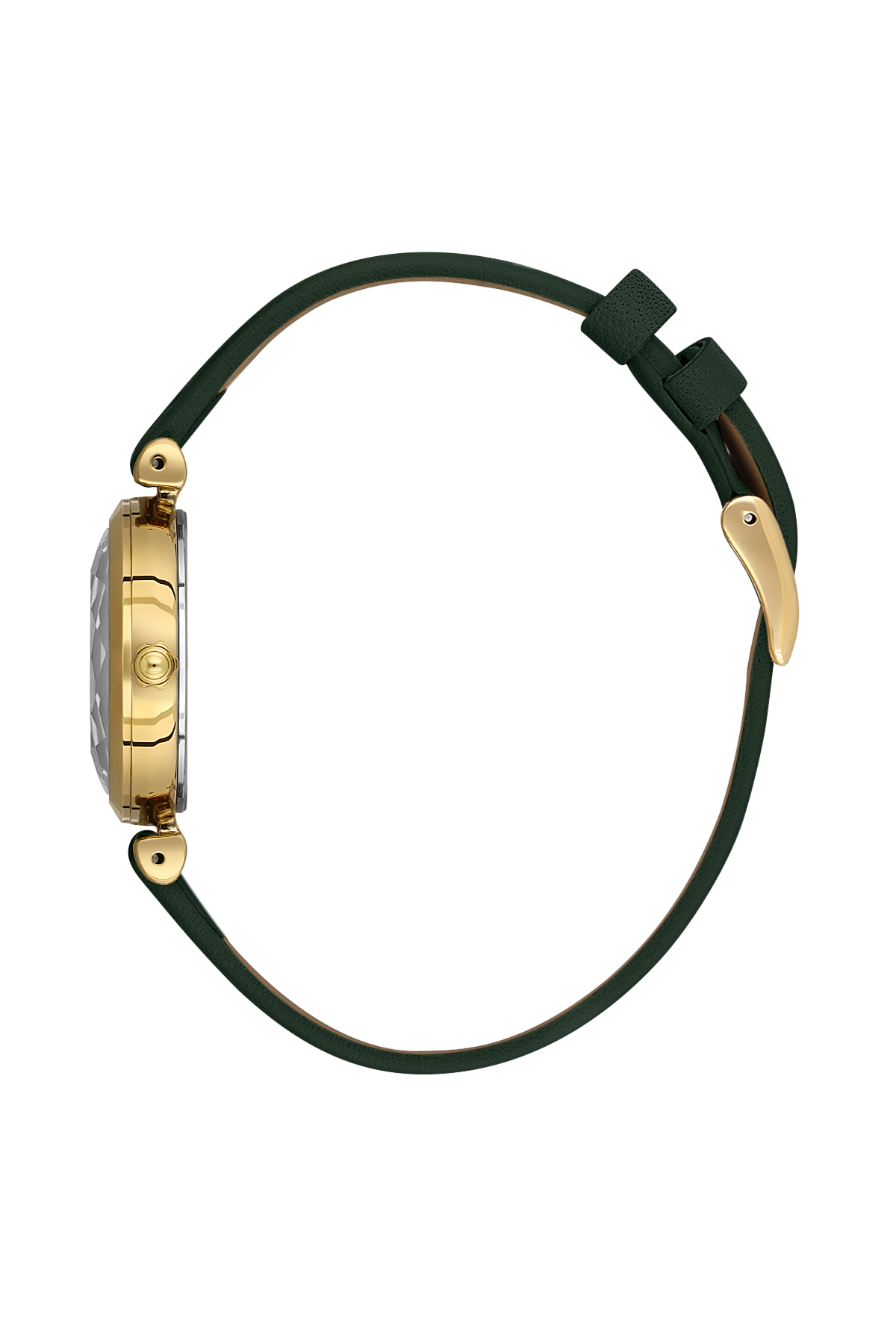 Gold watch with black strap on a white background