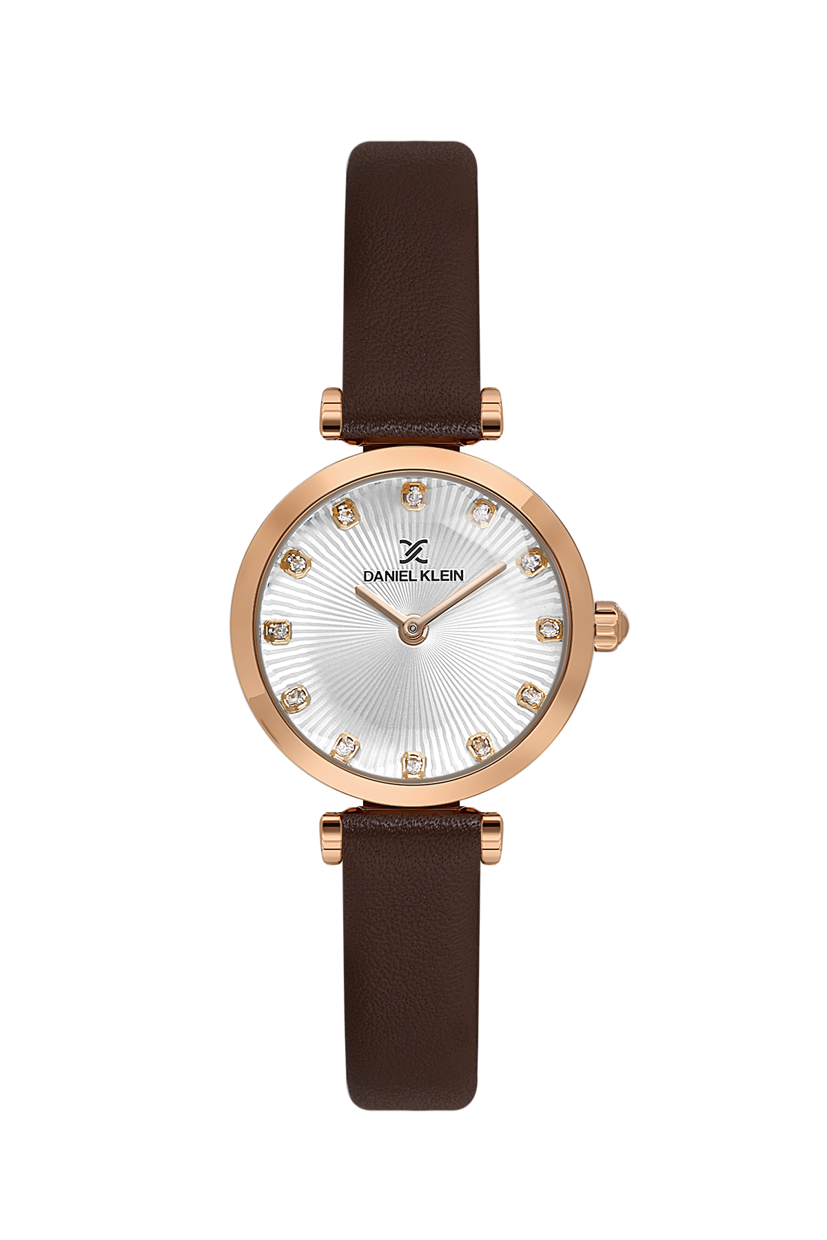 Watch with brown leather strap and rose gold case on white background
