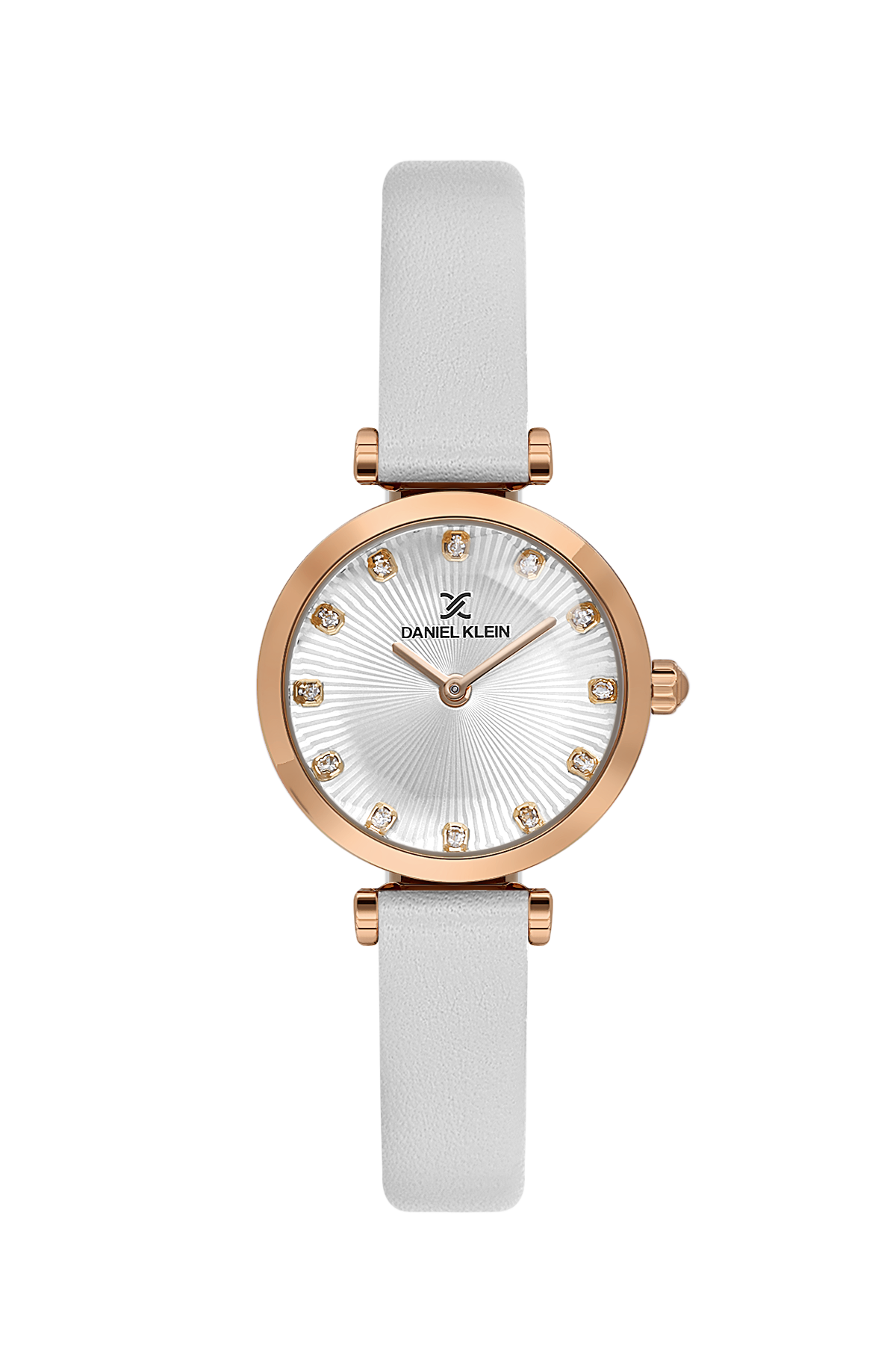 Wristwatch with rose gold case and white strap on a white background