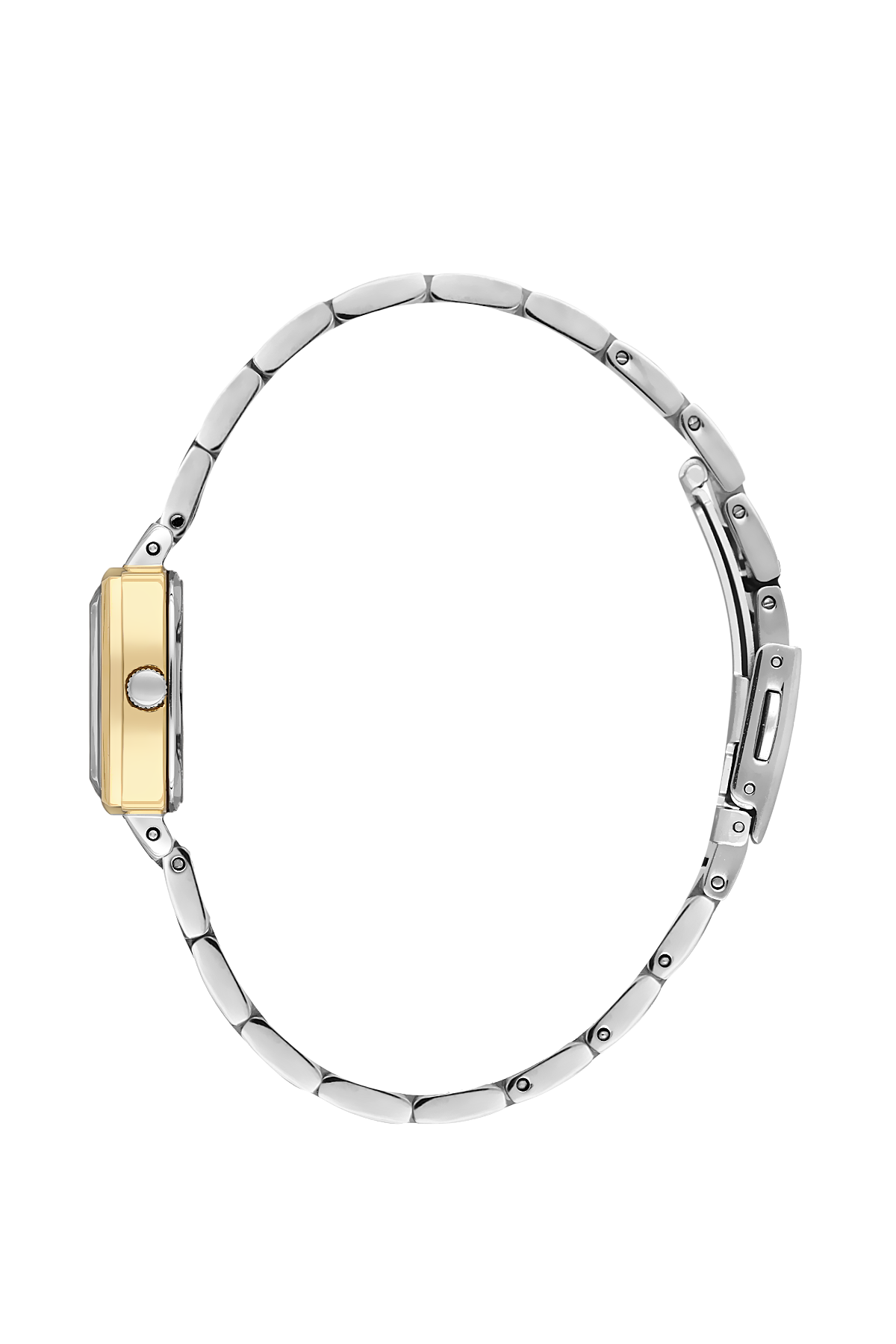 Watch with a gold face and silver metal band on a white background