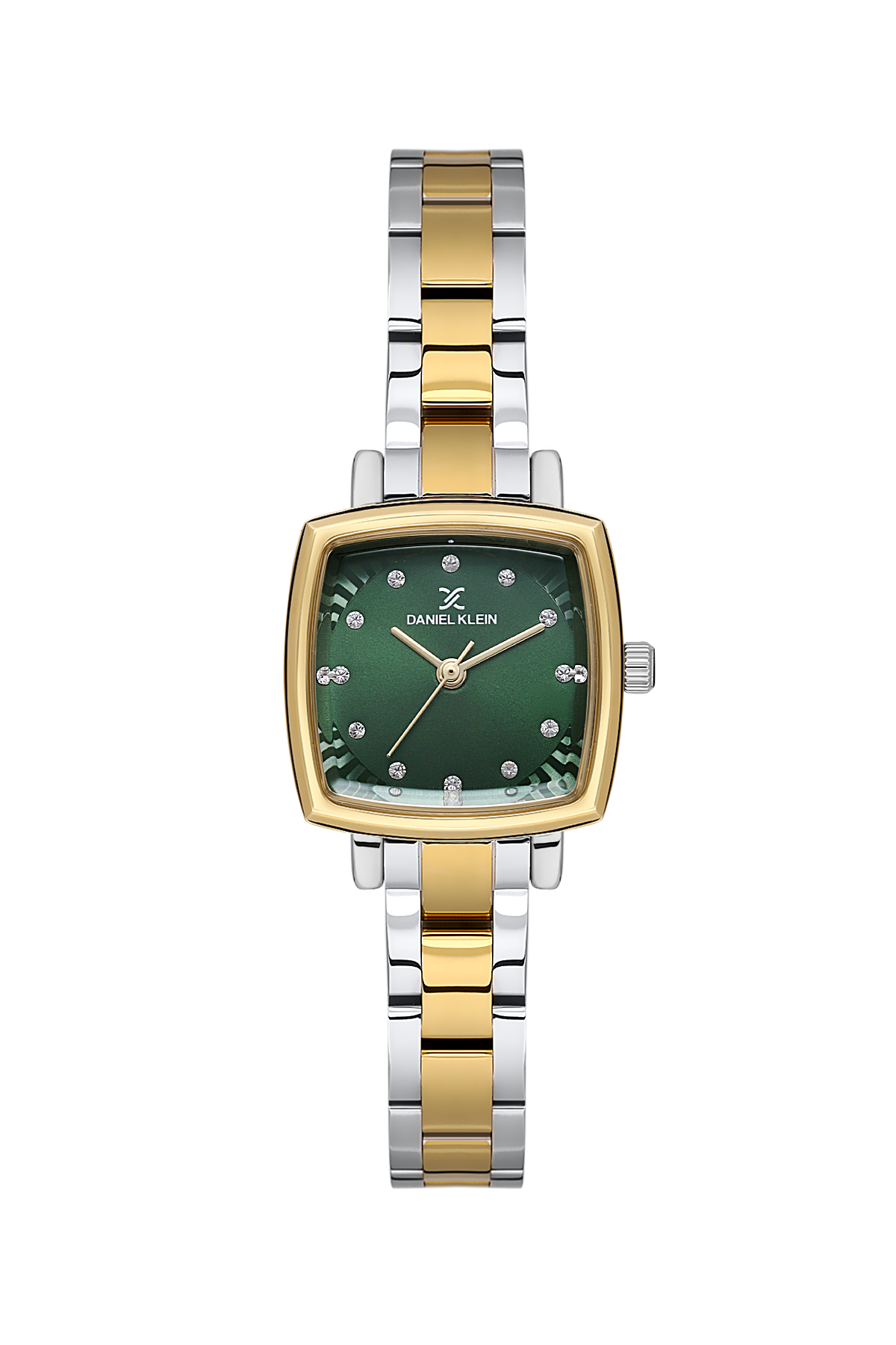 Two-tone gold and silver watch with a green face on a white background