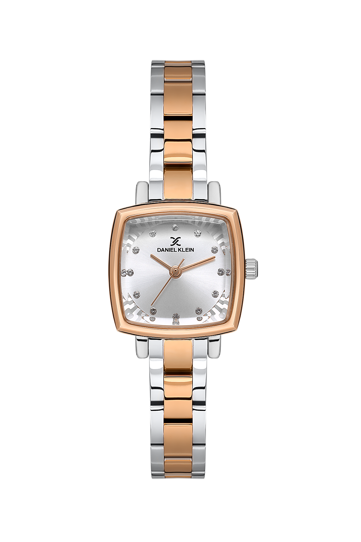 Two-tone watch with rose gold and silver band on a white background