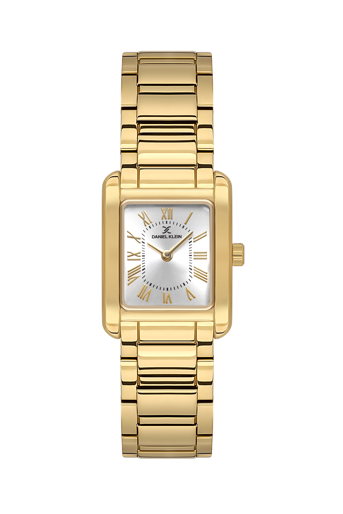 Gold wristwatch with a rectangular face on a white background