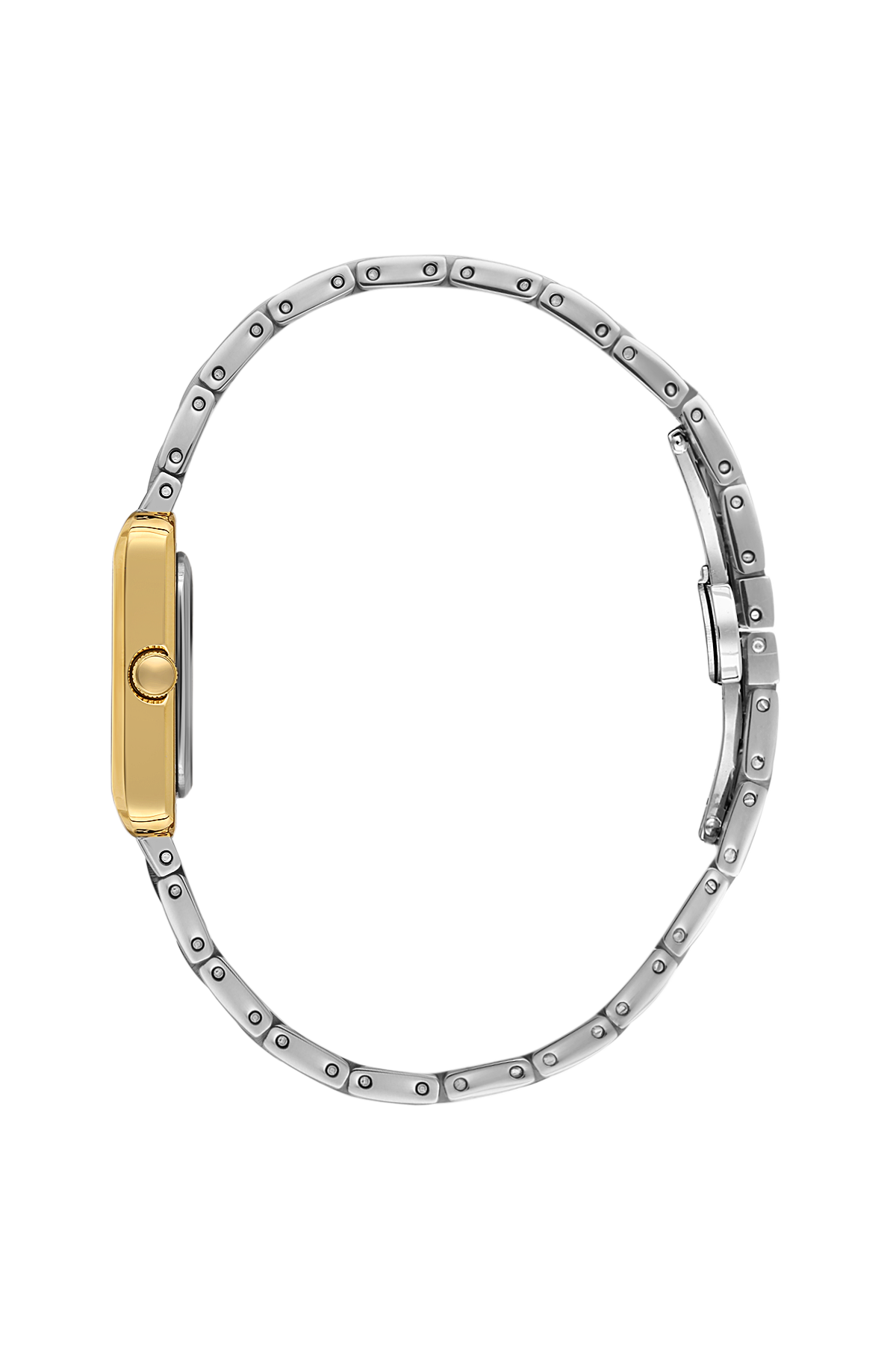 Two-tone watch with gold and silver band on a white background