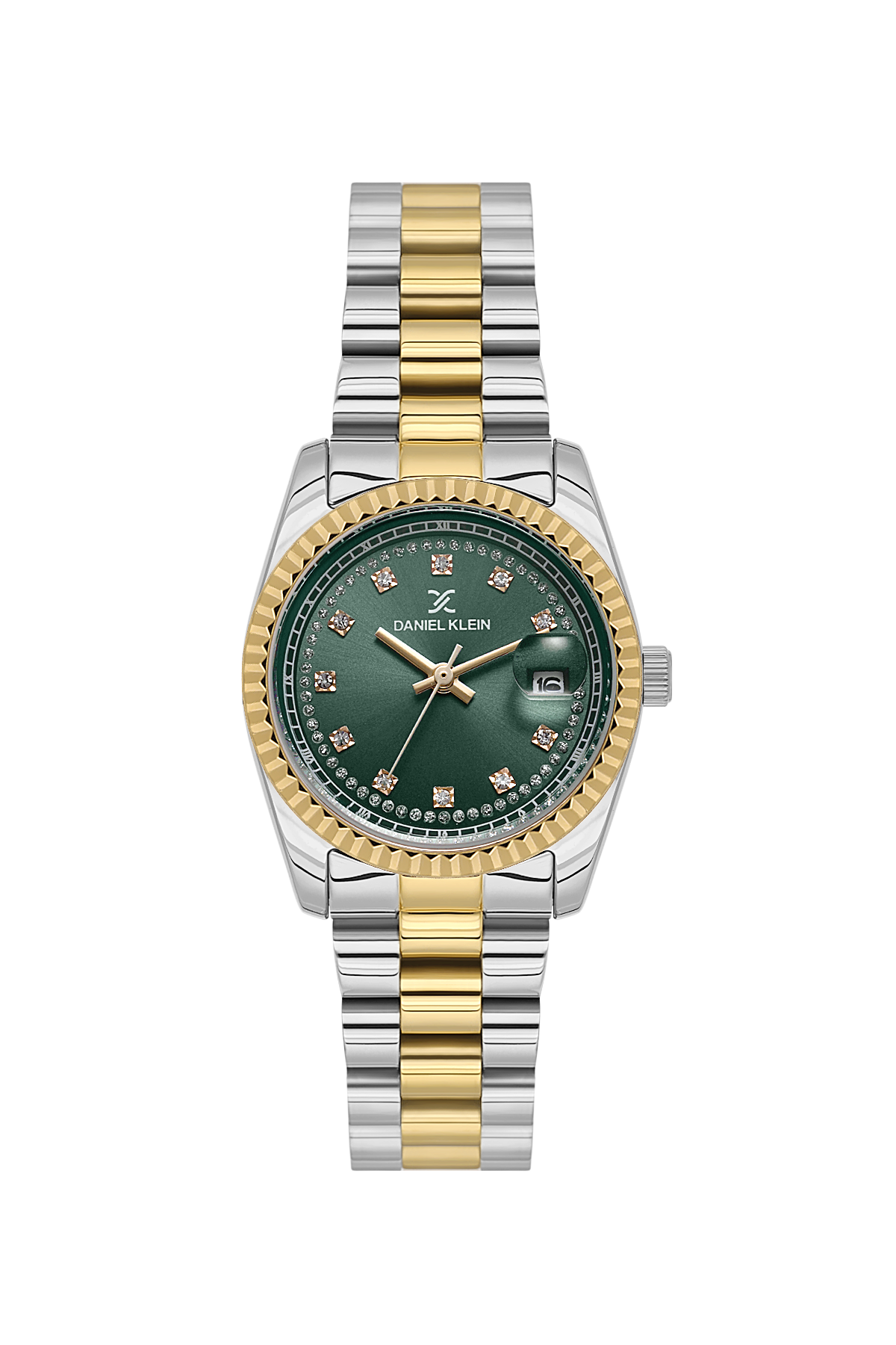 Two-tone watch with green dial and silver accents on a white background