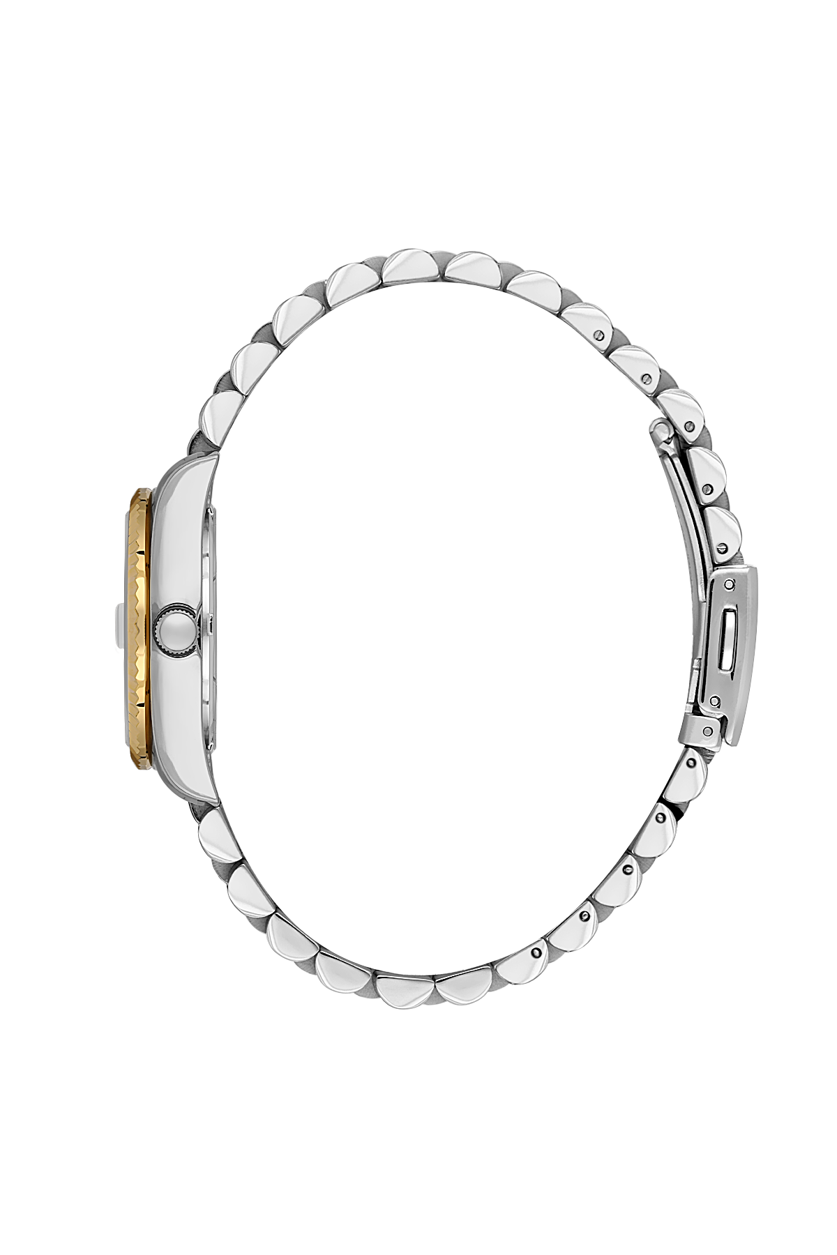 Silver watch with a gold accent on a white background