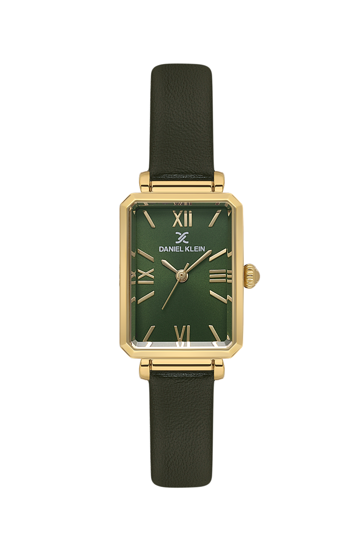 Green watch with gold case and black strap on a white background