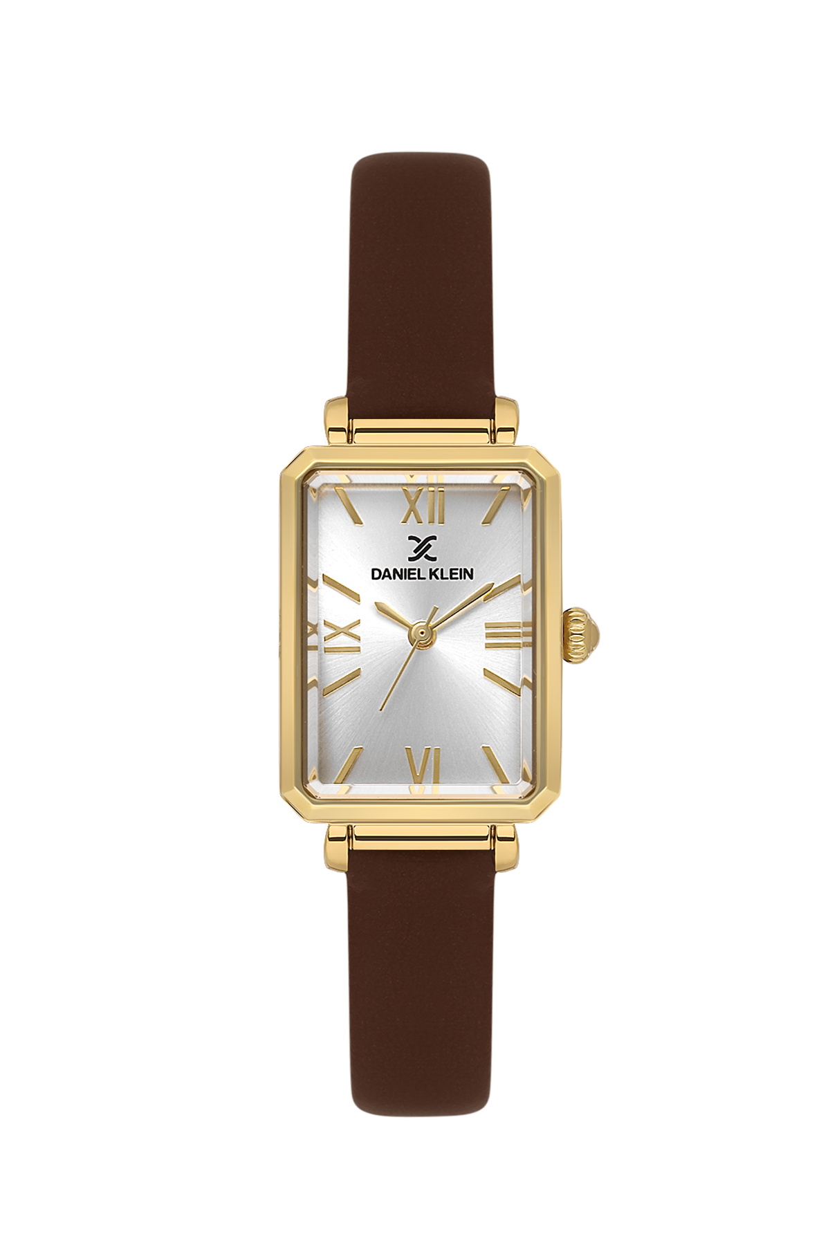 Gold watch with a brown leather strap on a white background
