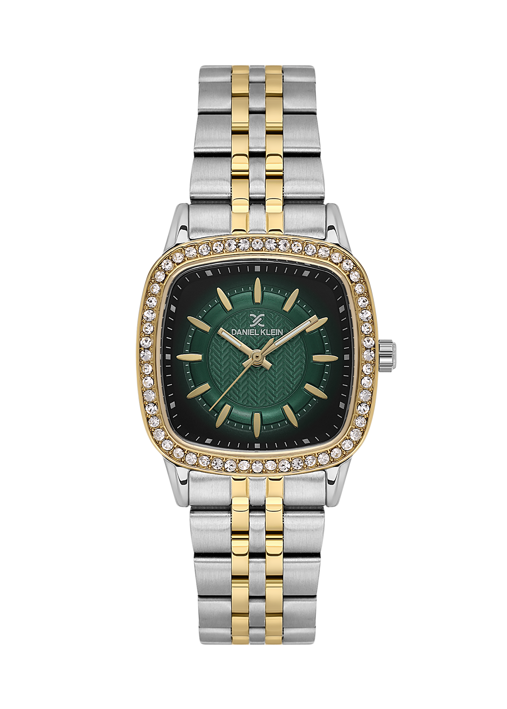Two-tone watch with green face and diamond-studded bezel on a white background
