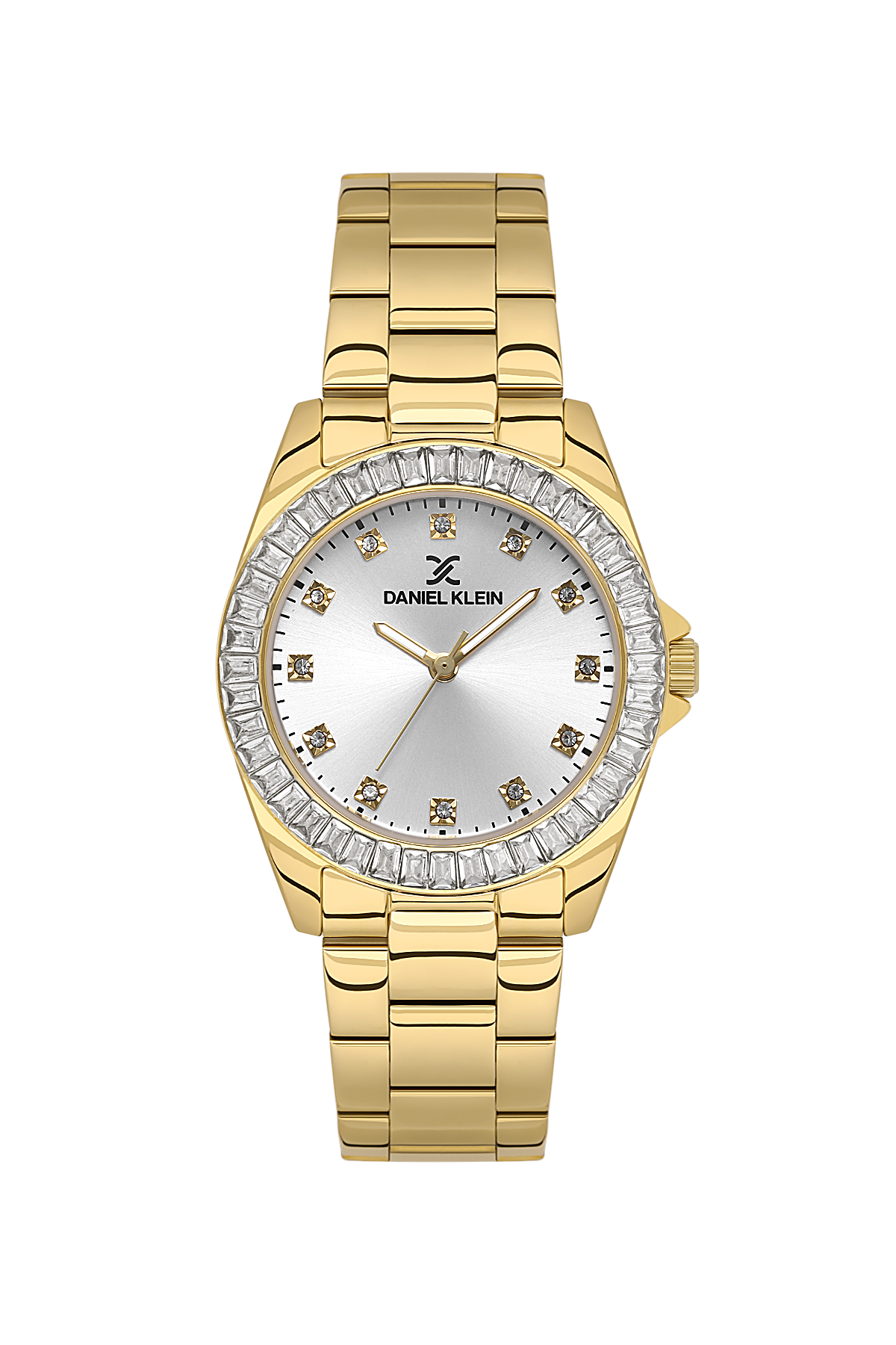 Gold wristwatch with diamond-studded face on a white background