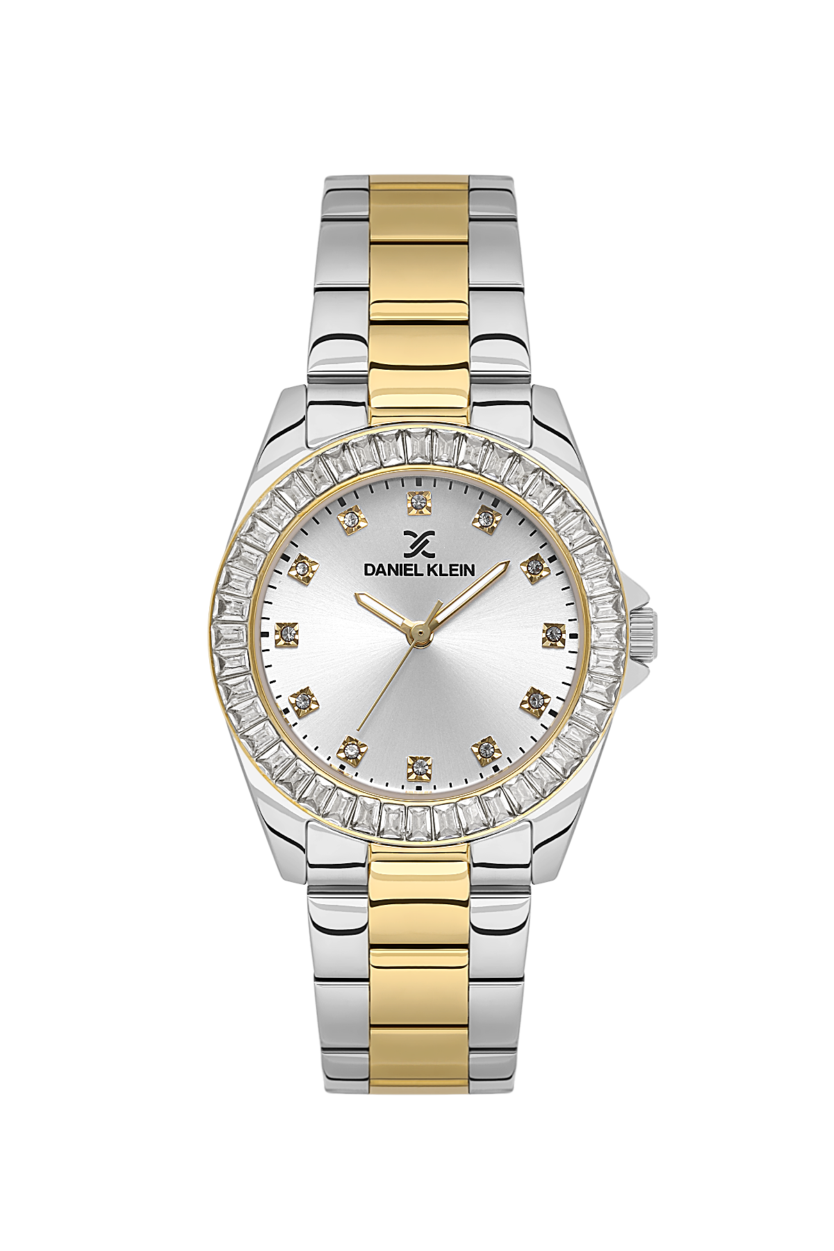 Two-tone watch with silver and gold band on a white background