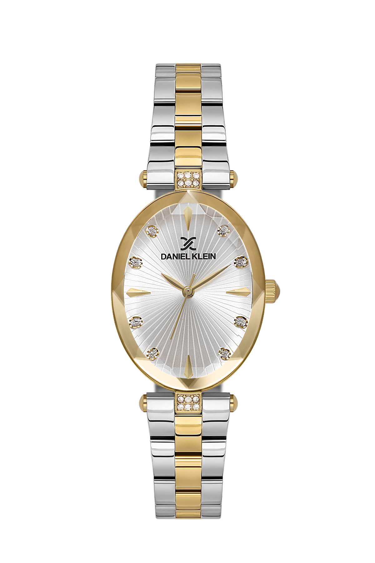 Two-tone watch with gold and silver band on a white background
