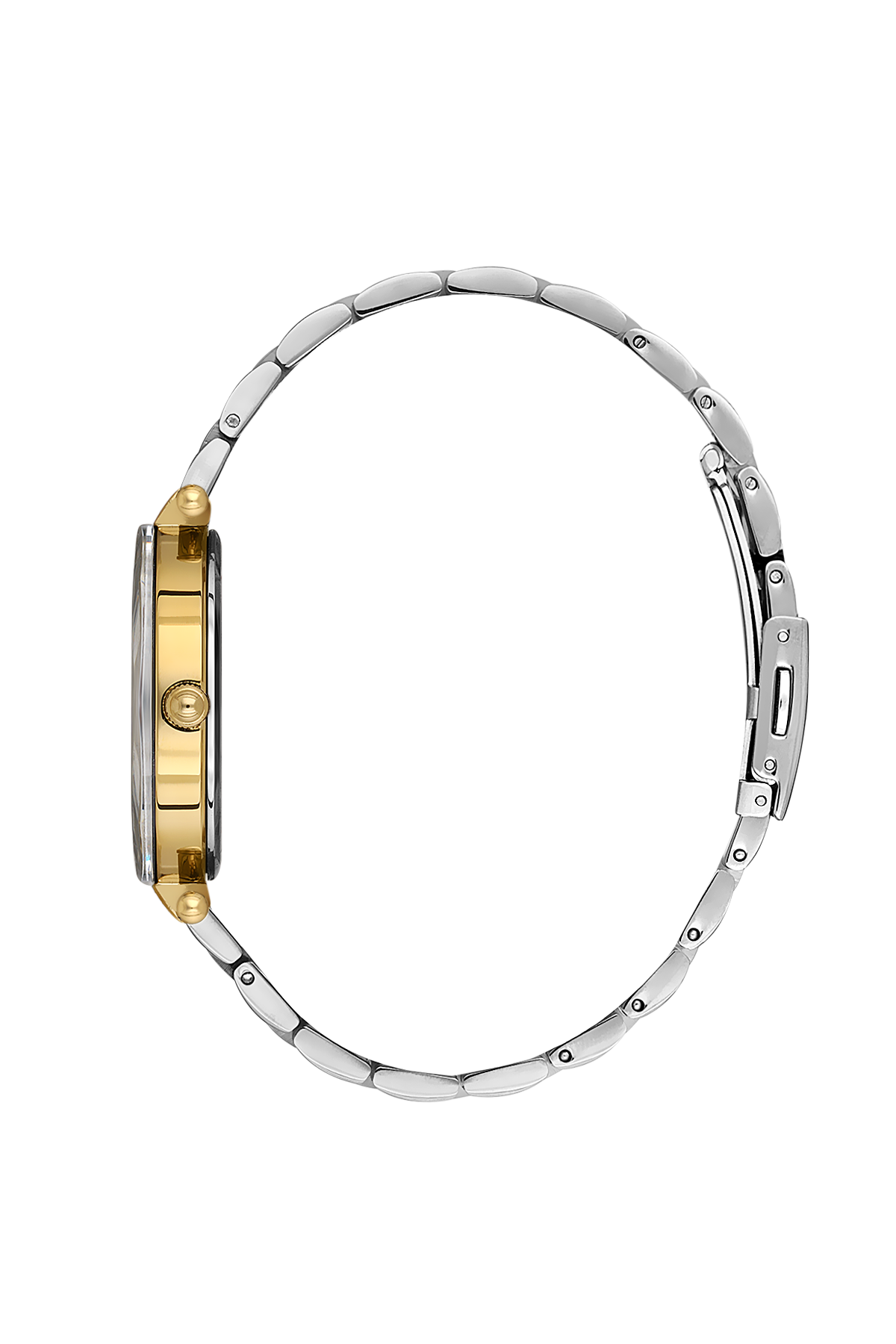 Wristwatch with gold and silver band on a white background