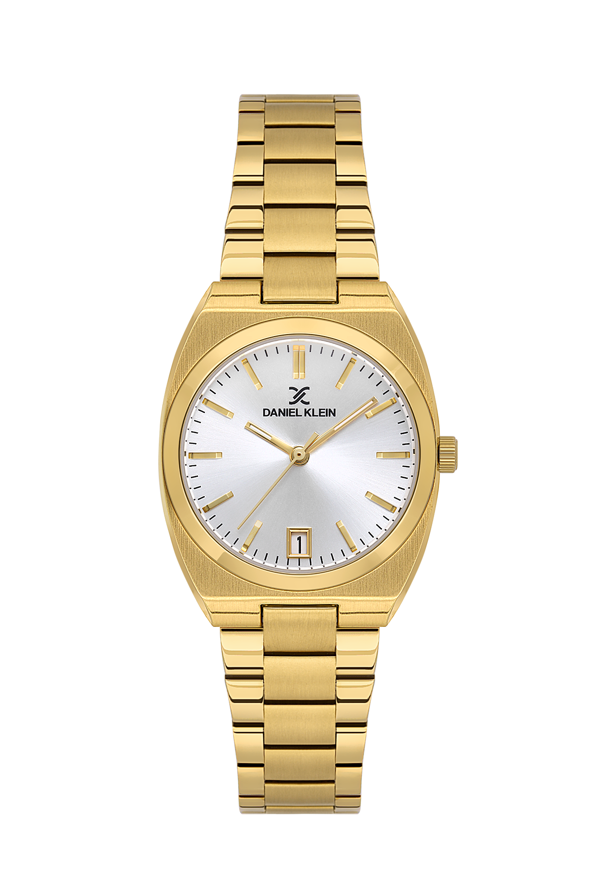 Gold wristwatch with a white face on a white background