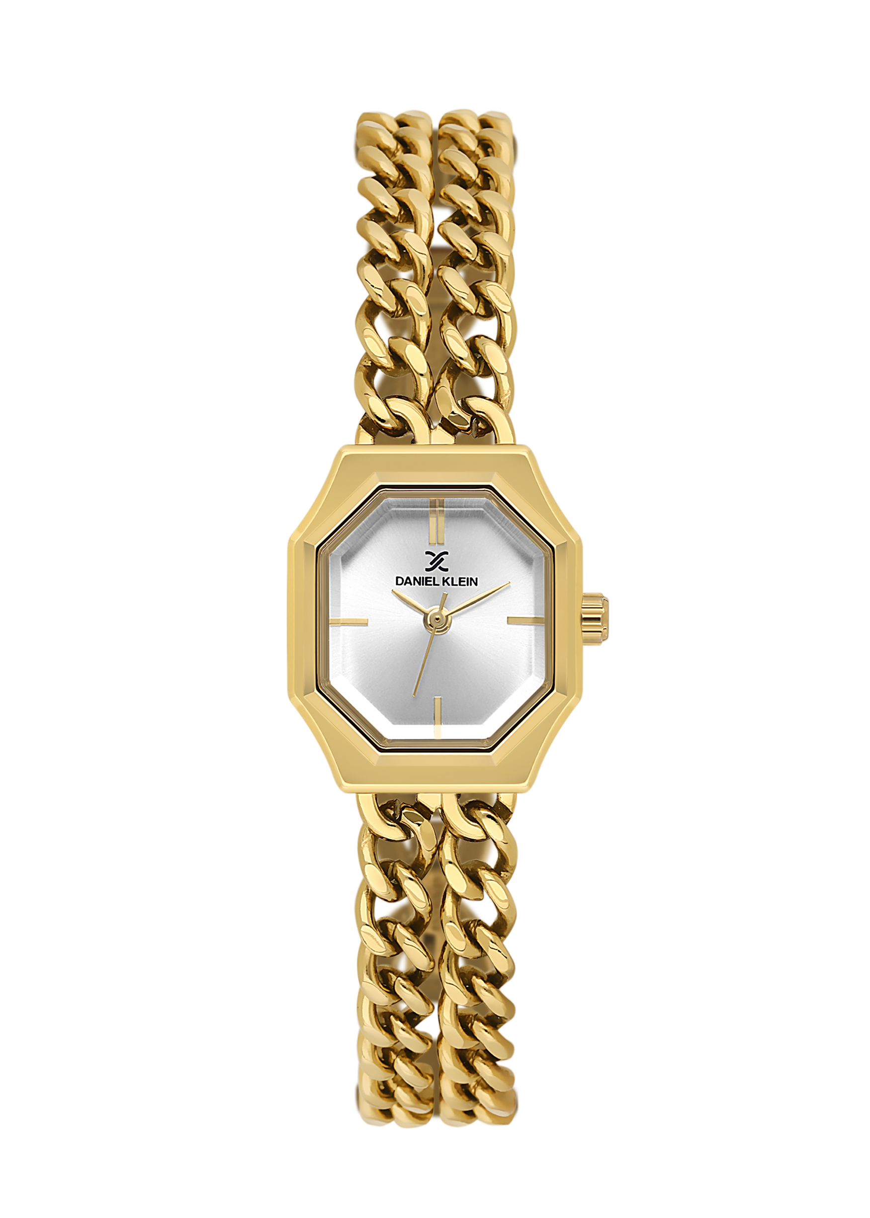 Gold chain watch with a white face on a white background