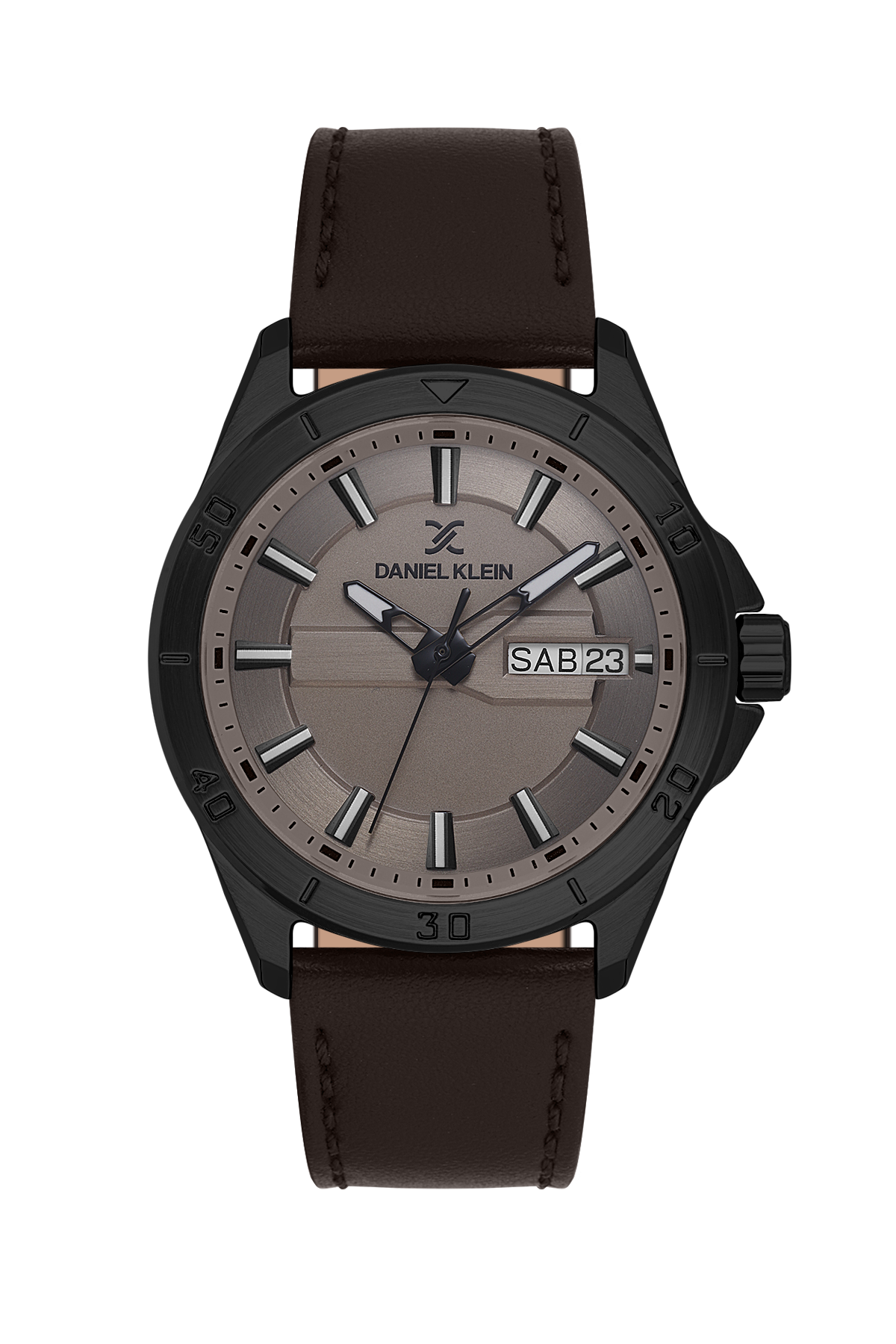 Black watch with brown leather strap on a white background