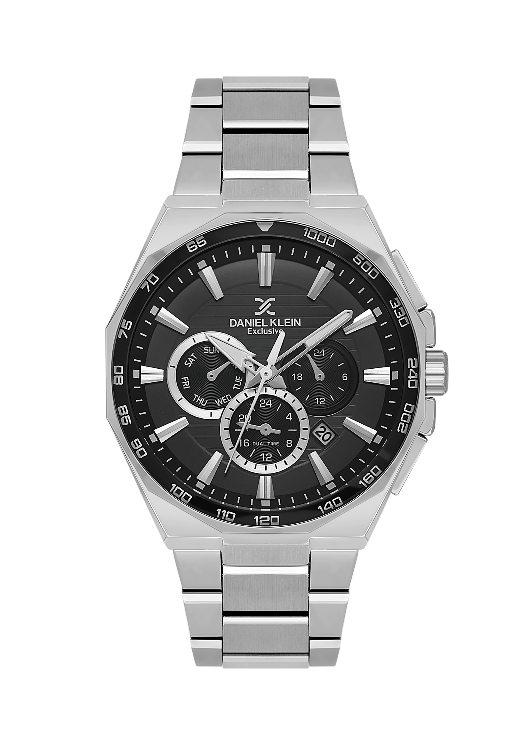 Silver watch with black dial on a white background