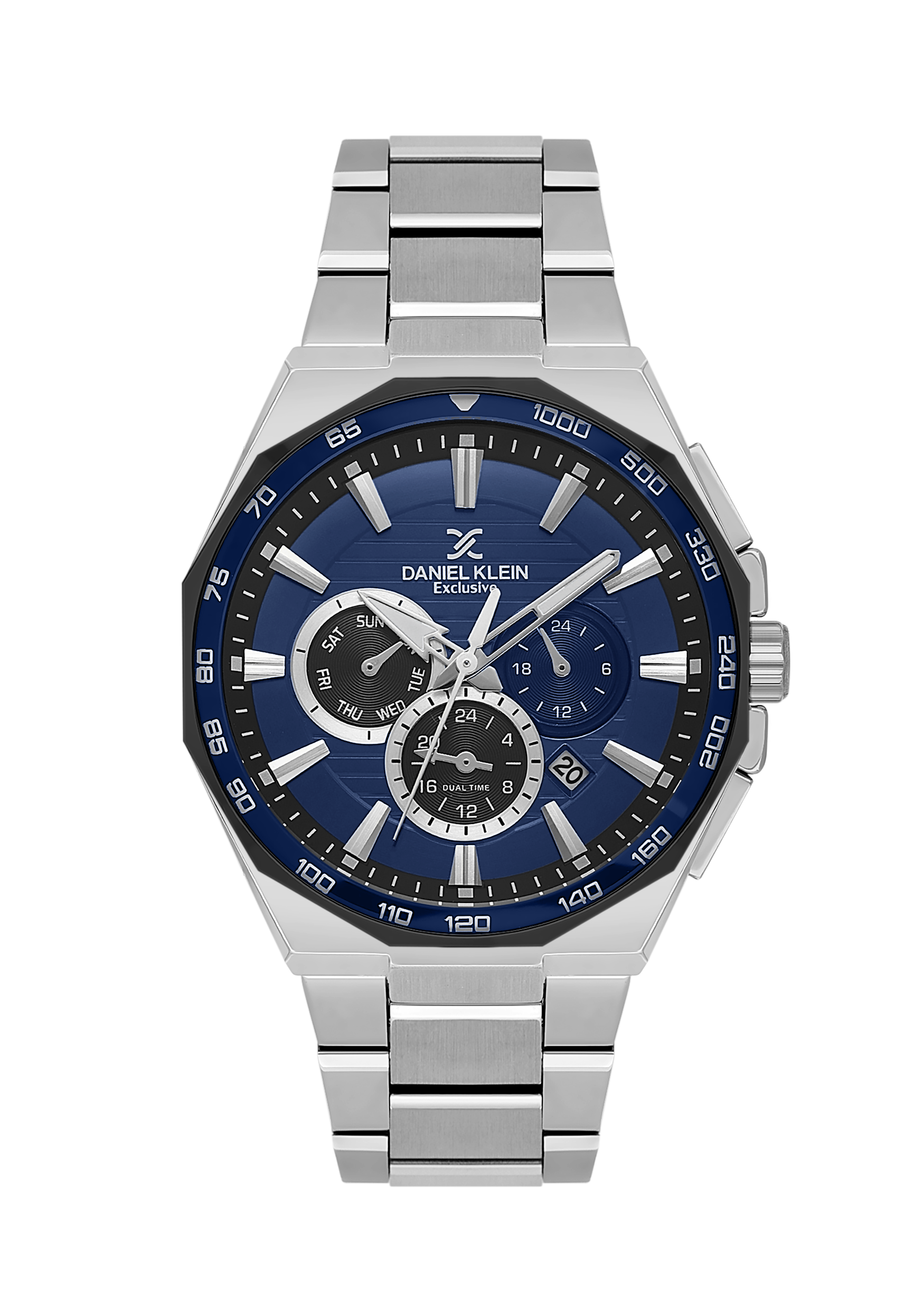 Silver watch with blue dial on a white background