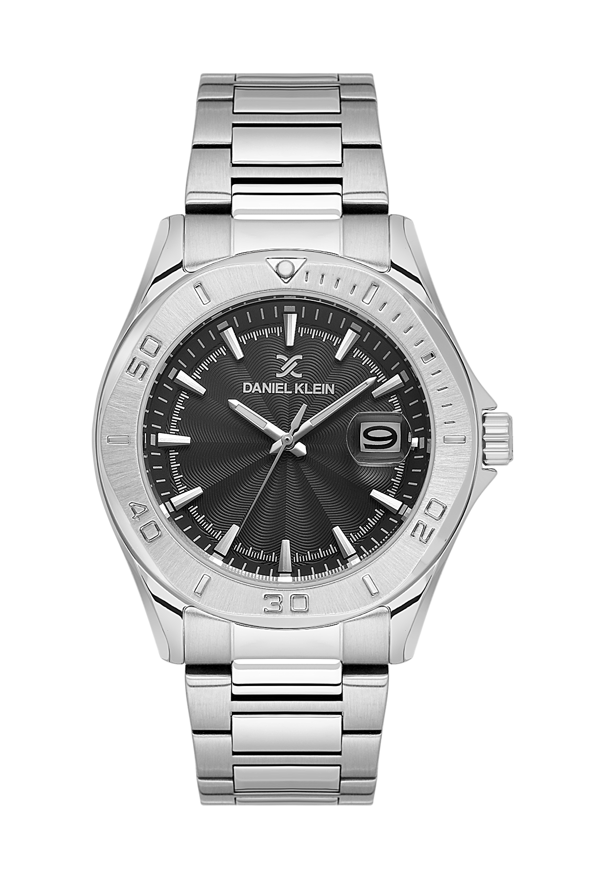 Silver watch with black dial on a white background
