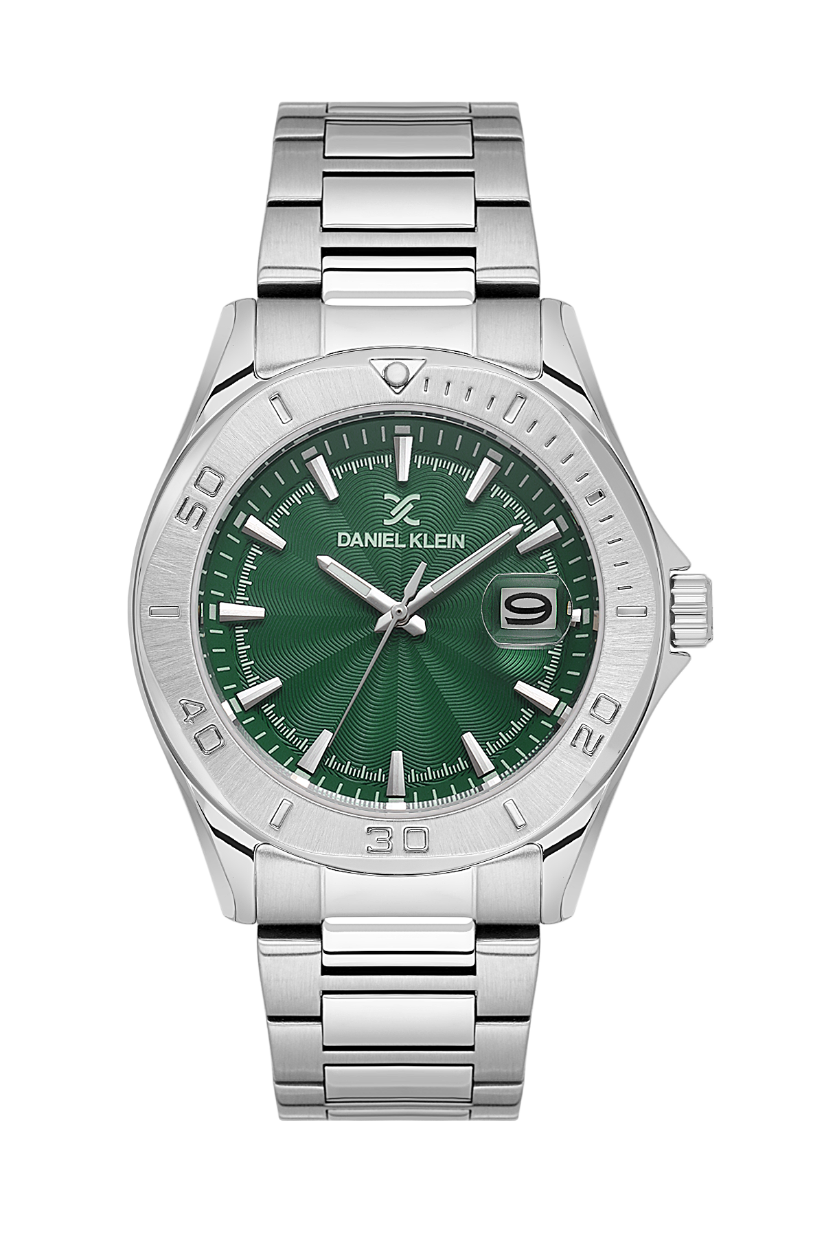 Daniel Klein watch with green dial and silver bracelet on a white background
