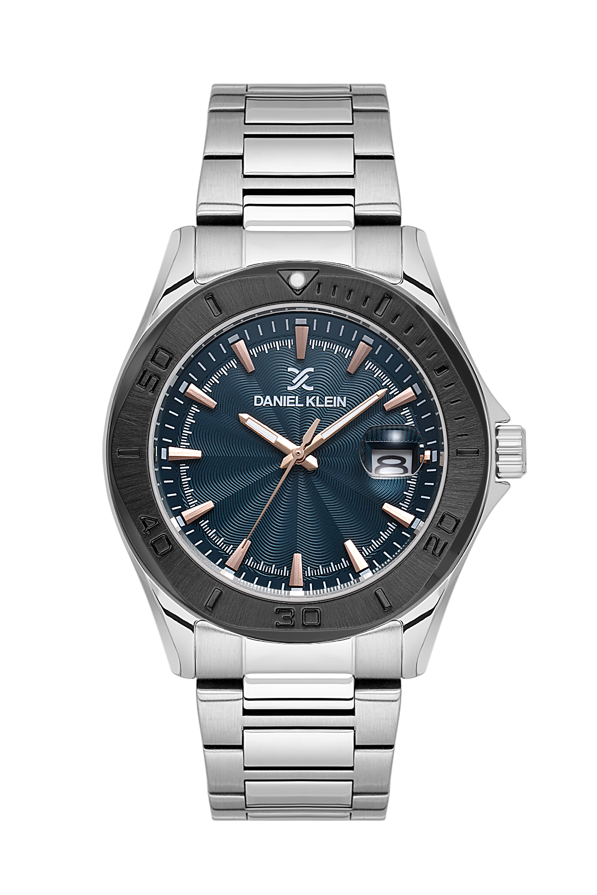 Silver watch with blue dial on a white background