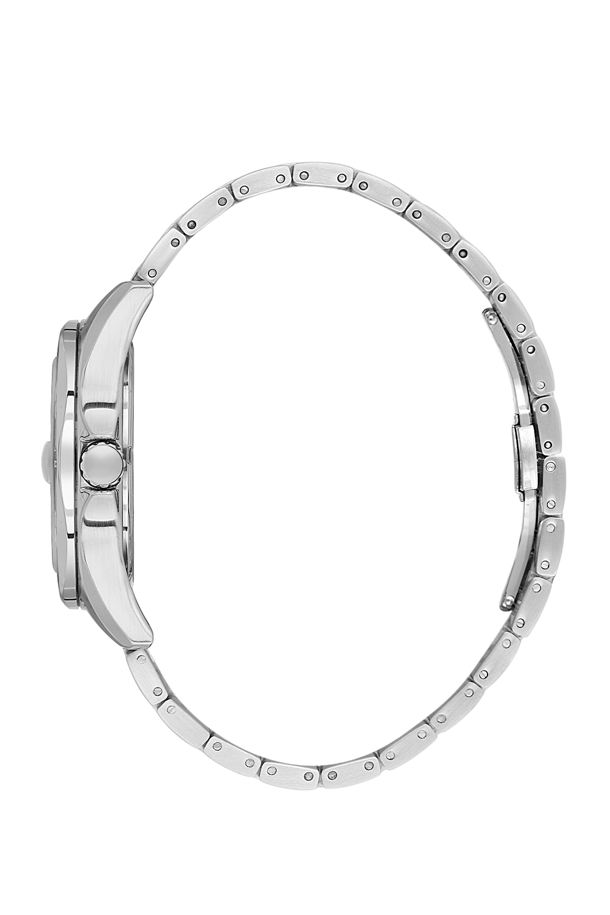 Silver watch with detailed band design on a white background