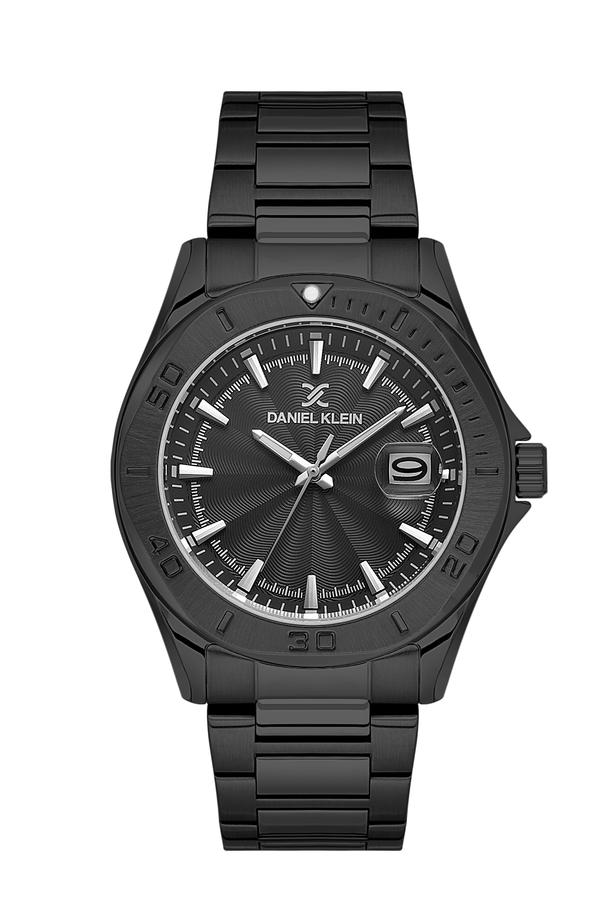 Black watch with a metallic band on a white background